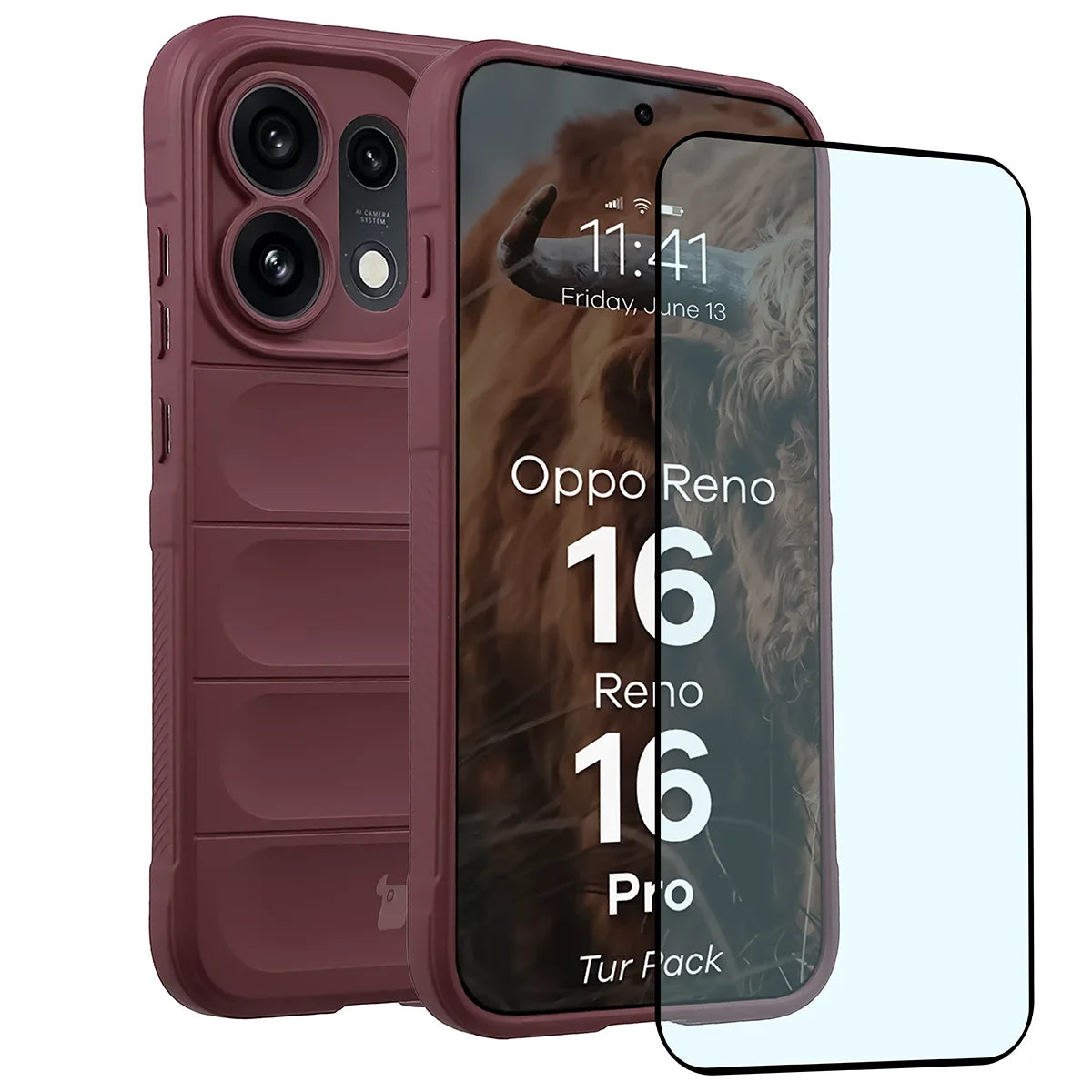 Robuste Handyhülle + gehärtetem Glas für Oppo Reno16 / Reno16 Pro 5G, Bizon Tur Pack, Burgunderrot (1/10)
