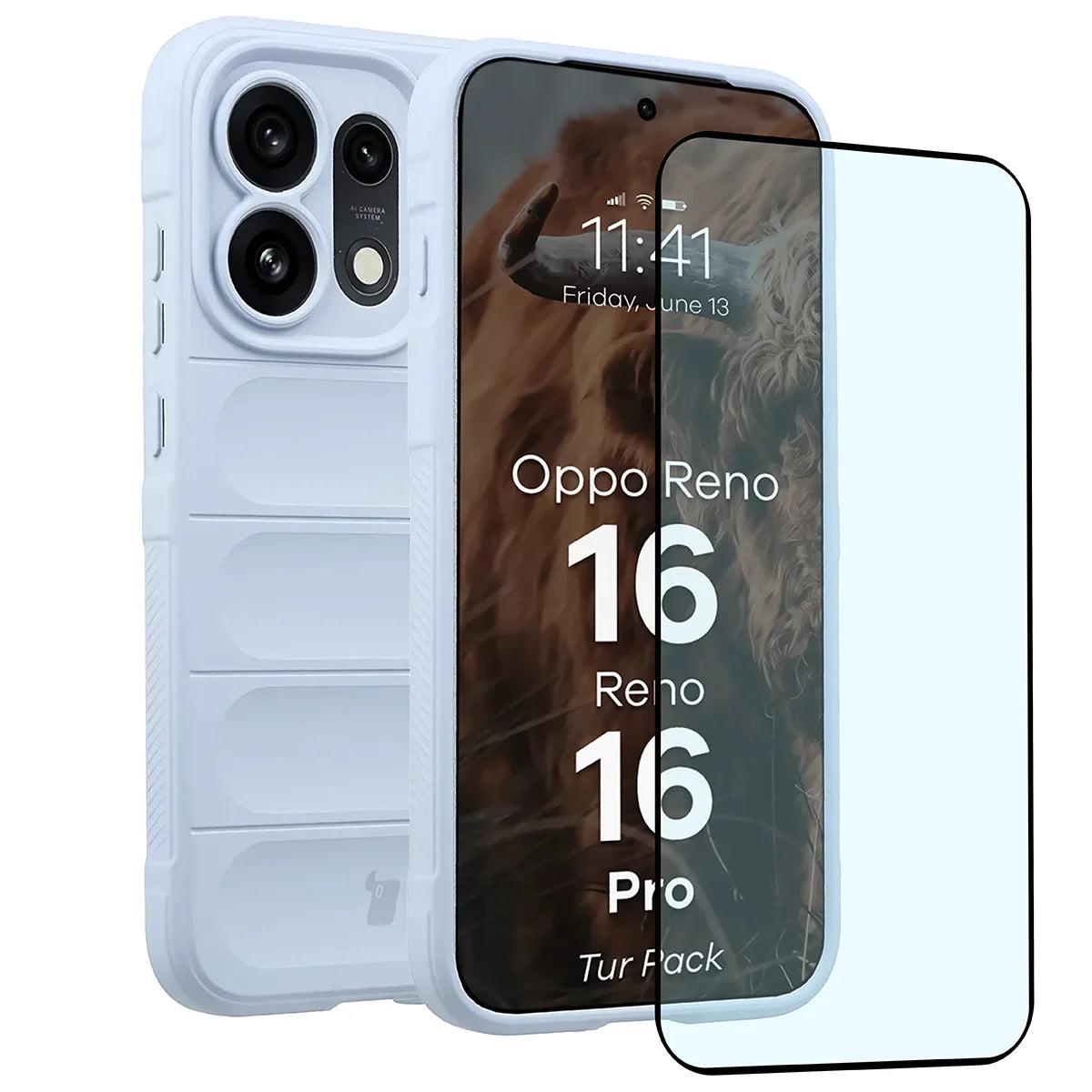 Robuste Handyhülle + gehärtetem Glas für Oppo Reno16 / Reno16 Pro 5G, Bizon Tur Pack, Hellblau (1/10)