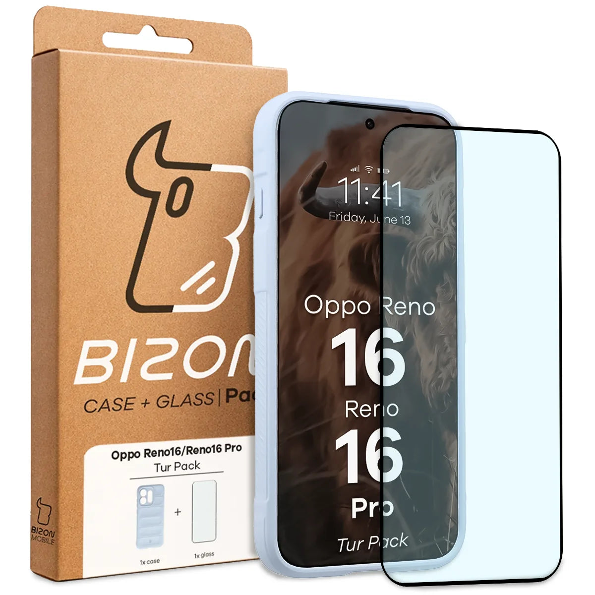 Robuste Handyhülle + gehärtetem Glas für Oppo Reno16 / Reno16 Pro 5G, Bizon Tur Pack, Hellblau (10/10)