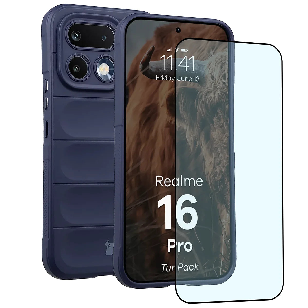 Robuste Handyhülle + gehärtetem Glas für Realme 16 Pro 5G, Bizon Tur Pack, Dunkelblau