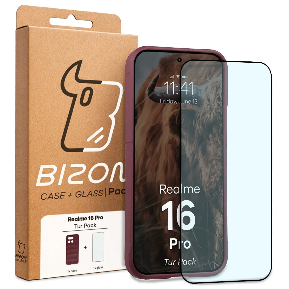 Robuste Handyhülle + gehärtetem Glas für Realme 16 Pro 5G, Bizon Tur Pack, Burgunderrot