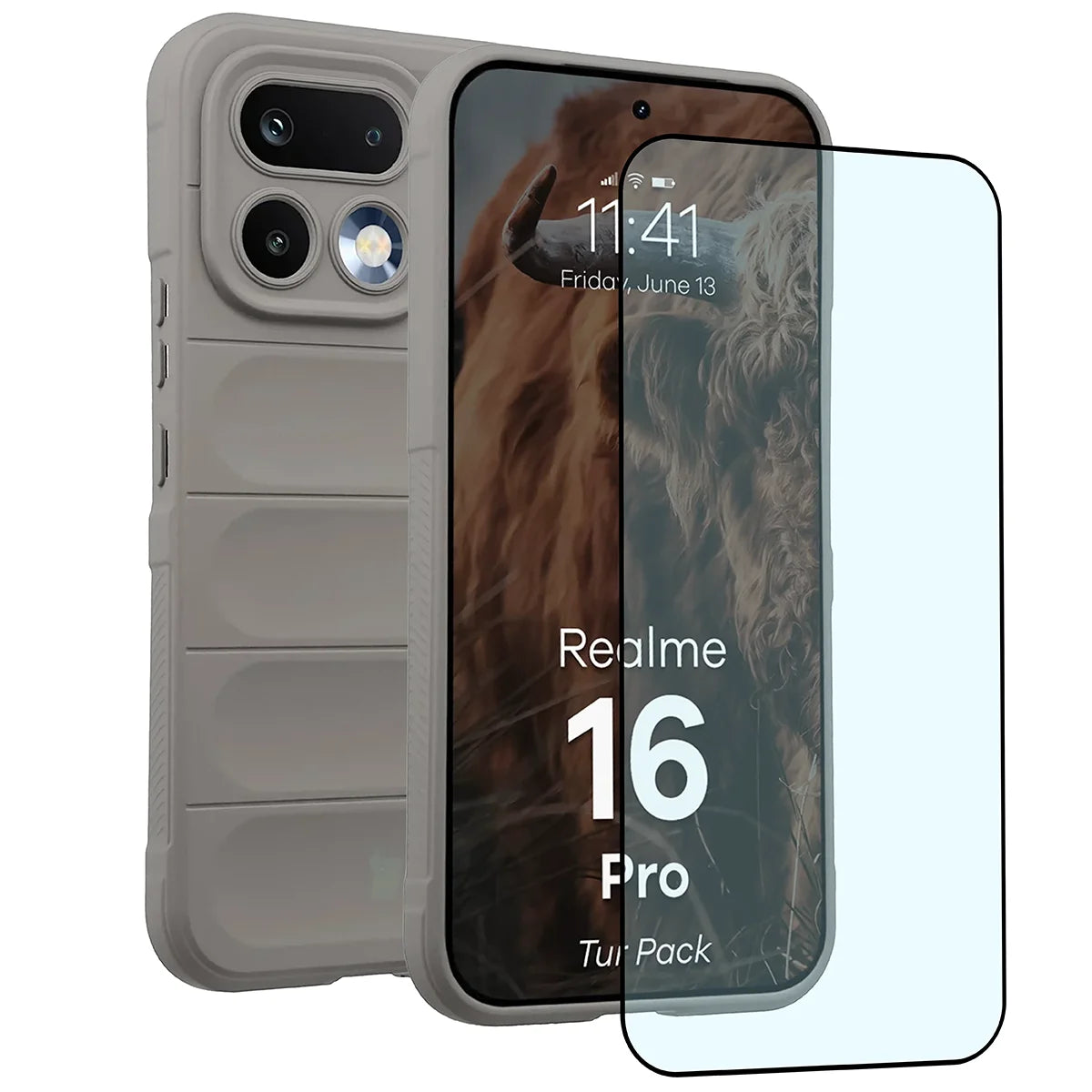 Robuste Handyhülle + gehärtetem Glas für Realme 16 Pro 5G, Bizon Tur Pack, Hellgrau