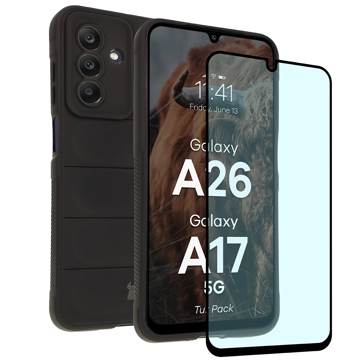 Robuste Handyhülle + gehärtetem Glas für Galaxy A17 5G / A26 5G, Bizon Tur Pack, Schwarz
