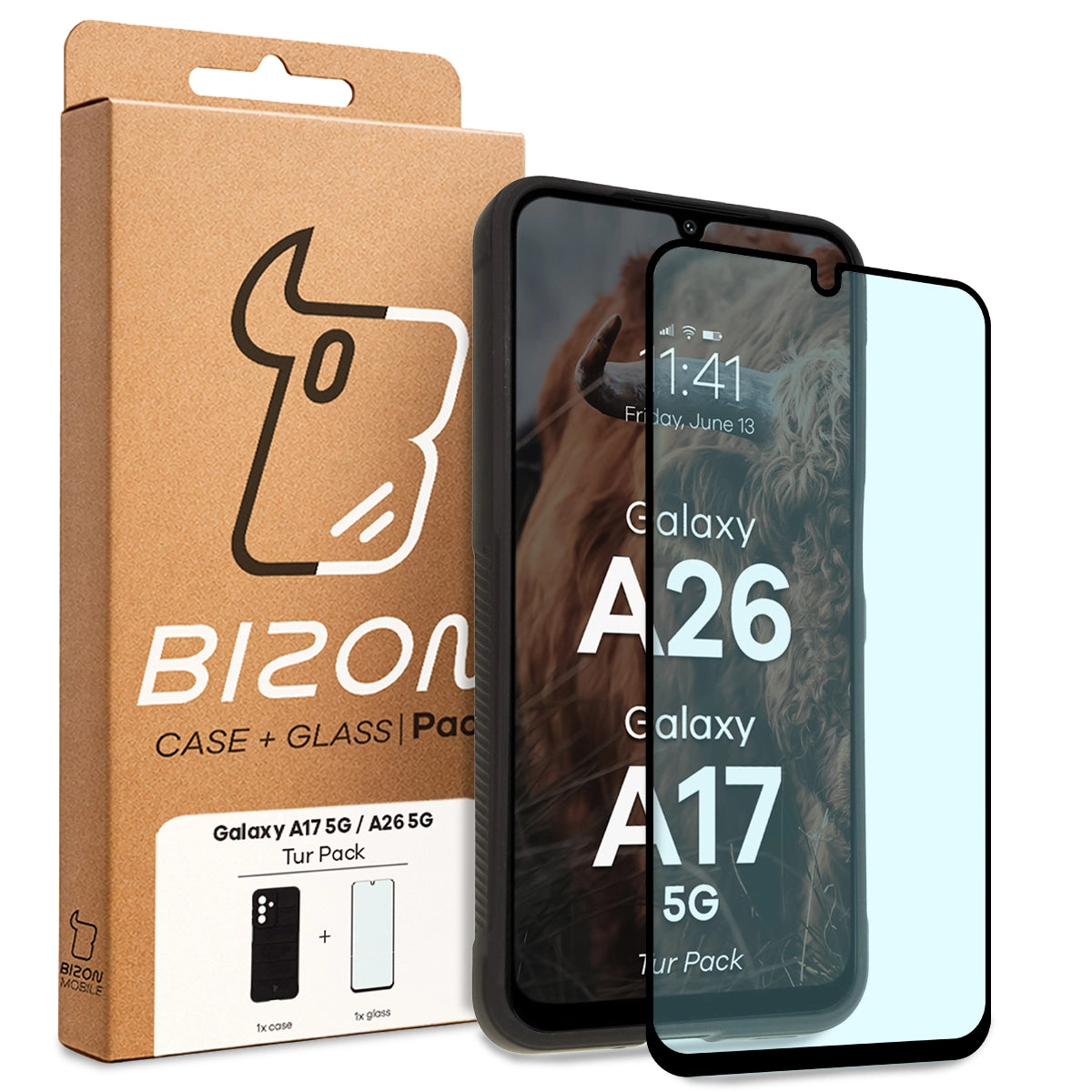 Robuste Handyhülle + gehärtetem Glas für Galaxy A17 5G / A26 5G, Bizon Tur Pack, Schwarz