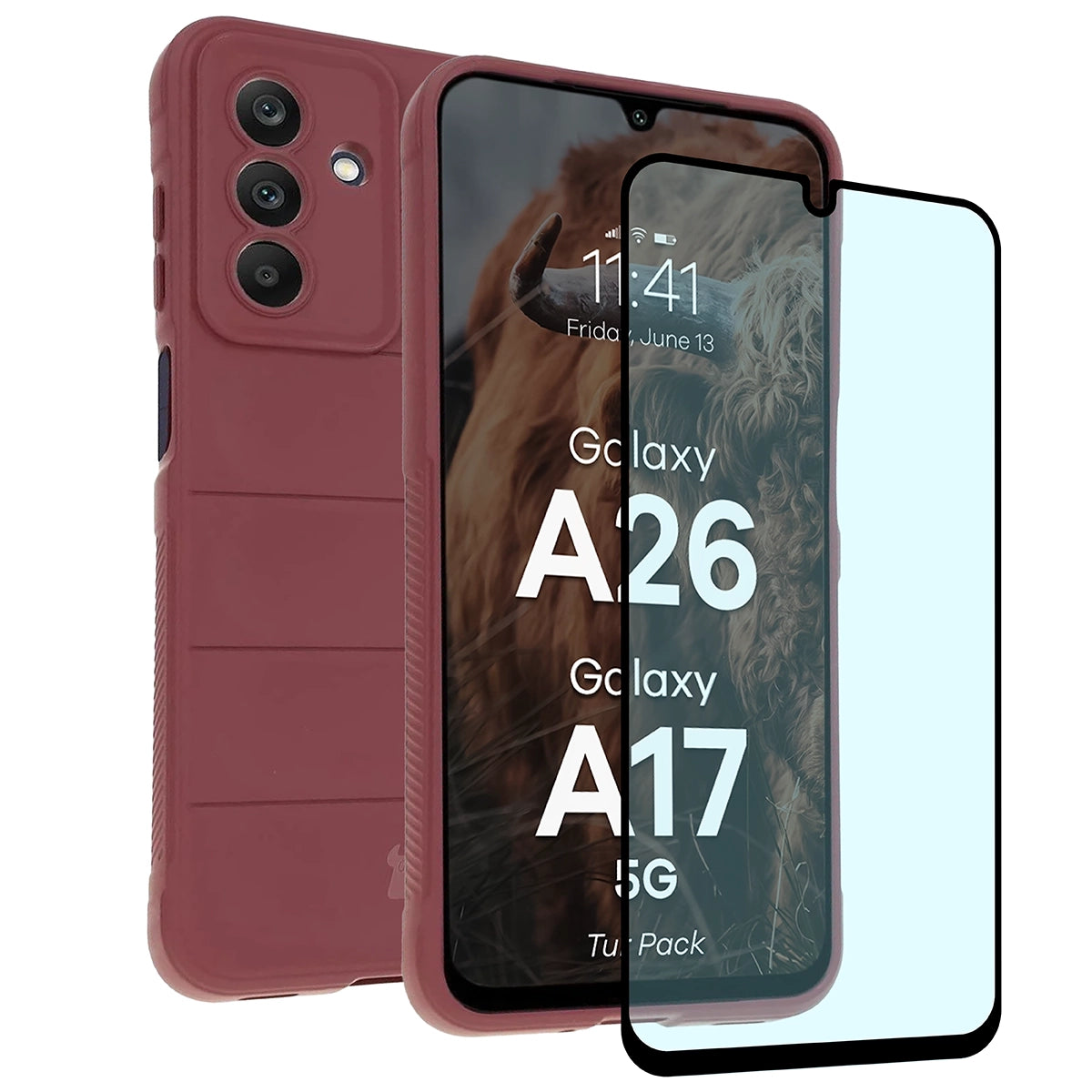 Robuste Handyhülle + gehärtetem Glas für Galaxy A17 5G / A26 5G, Bizon Tur Pack, Burgunderrot