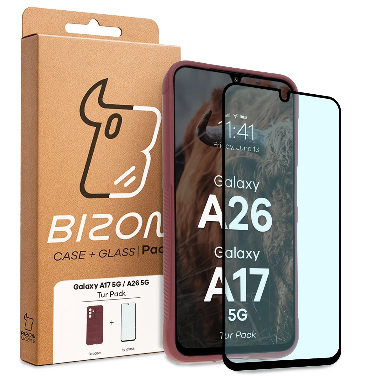 Robuste Handyhülle + gehärtetem Glas für Galaxy A17 5G / A26 5G, Bizon Tur Pack, Burgunderrot