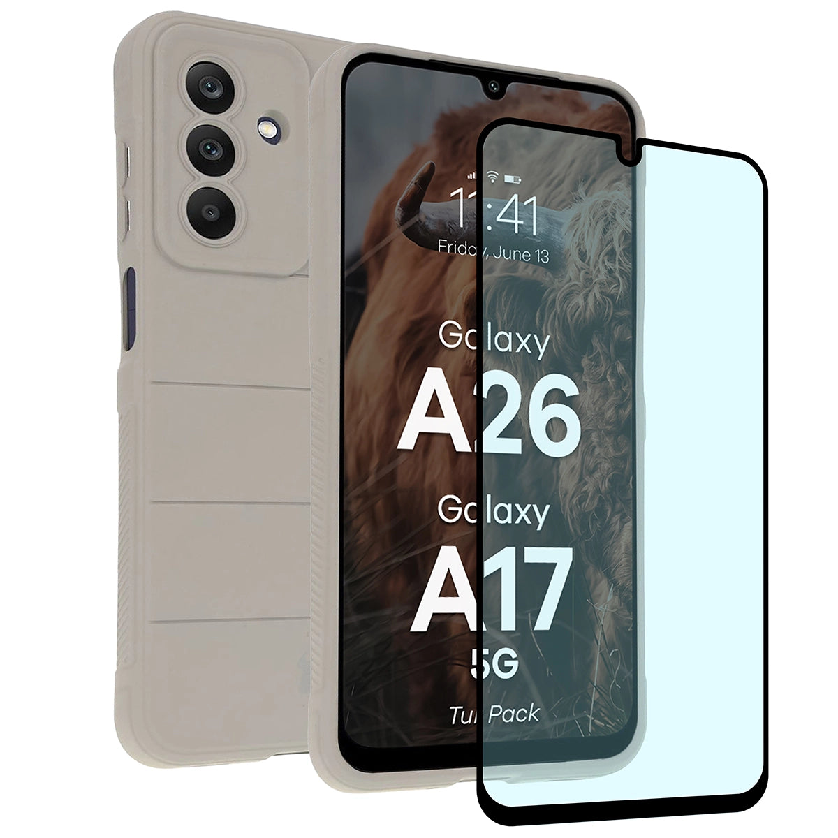Robuste Handyhülle + gehärtetem Glas für Galaxy A17 5G / A26 5G, Bizon Tur Pack, Hellgrau