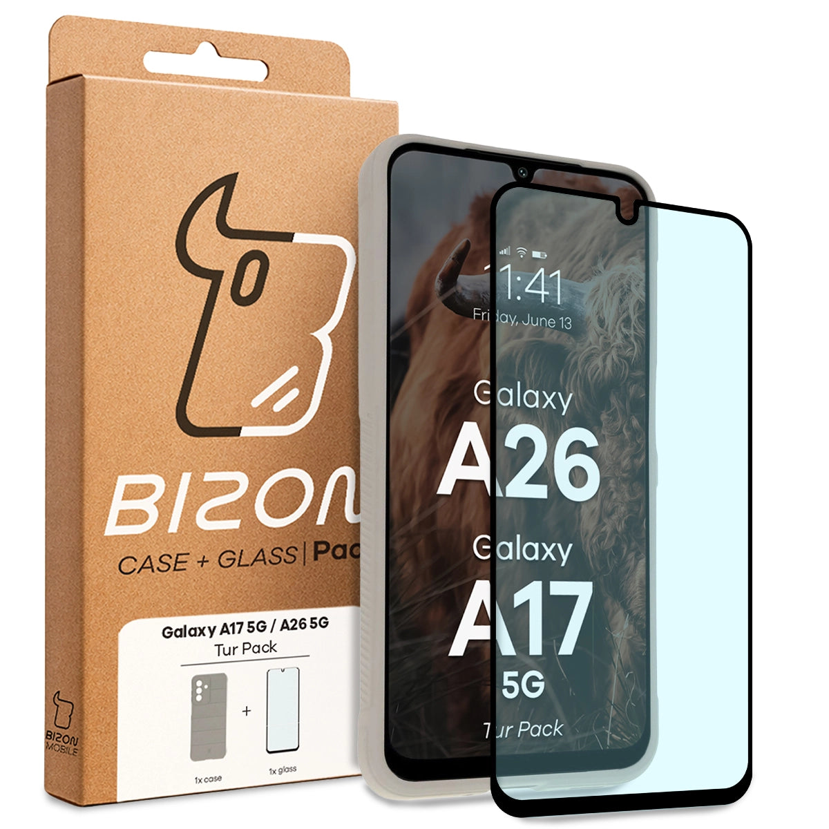 Robuste Handyhülle + gehärtetem Glas für Galaxy A17 5G / A26 5G, Bizon Tur Pack, Hellgrau