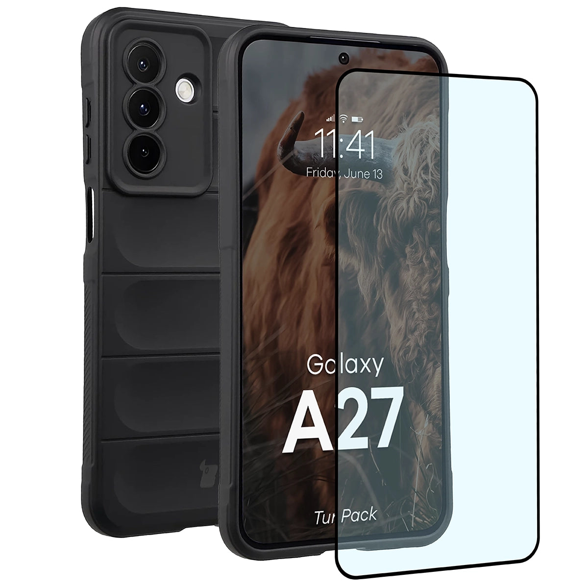 Robuste Handyhülle + gehärtetem Glas für Galaxy A27 5G, Bizon Tur Pack, Schwarz