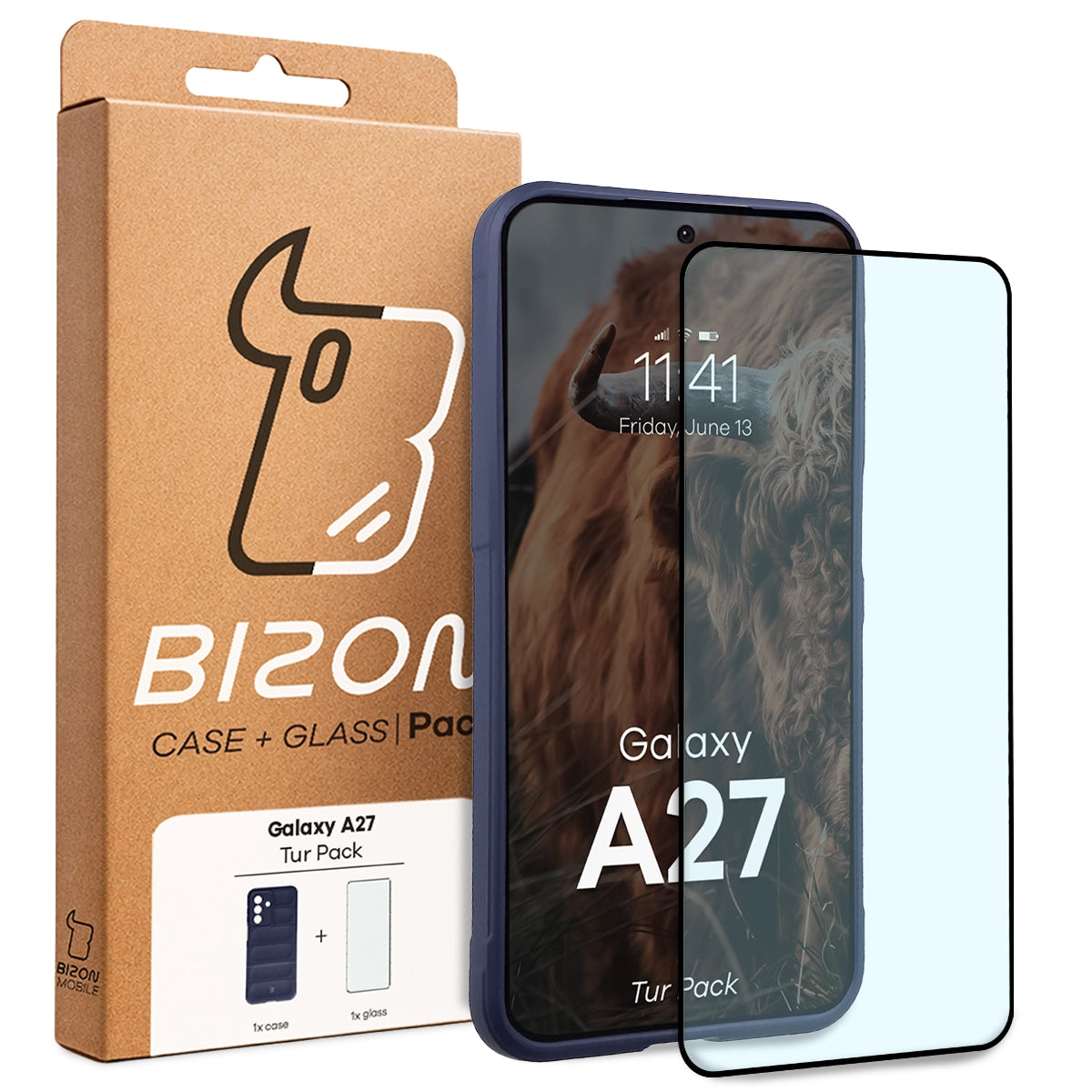 Robuste Handyhülle + gehärtetem Glas für Galaxy A27 5G, Bizon Tur Pack, Dunkelblau