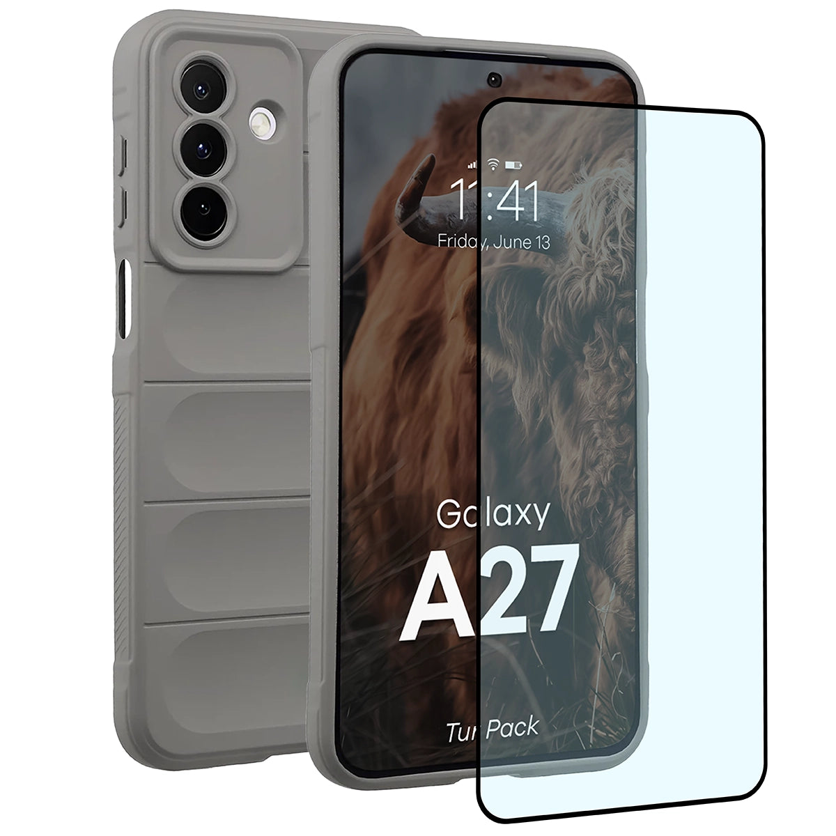 Robuste Handyhülle + gehärtetem Glas für Galaxy A27 5G, Bizon Tur Pack, Hellgrau