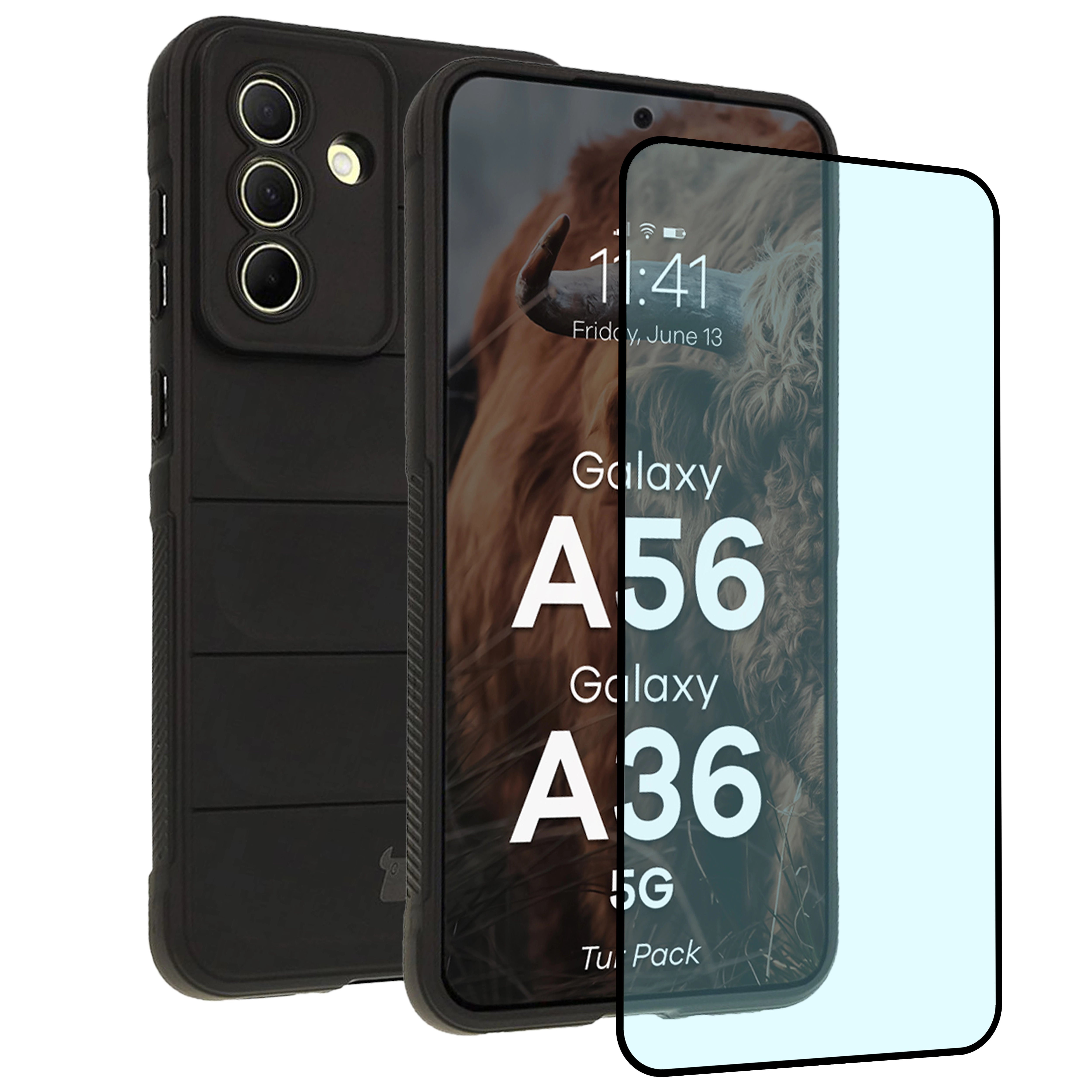 Robuste Handyhülle + gehärtetem Glas für Galaxy A36 5G / A56 5G, Bizon Tur Pack, Schwarz