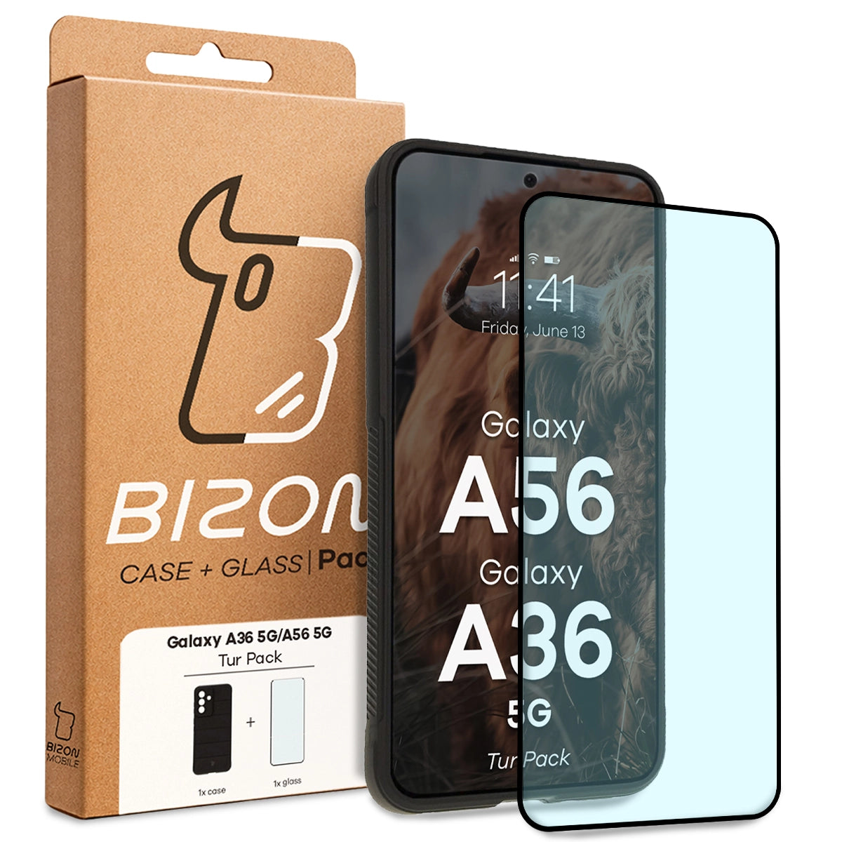 Robuste Handyhülle + gehärtetem Glas für Galaxy A36 5G / A56 5G, Bizon Tur Pack, Schwarz