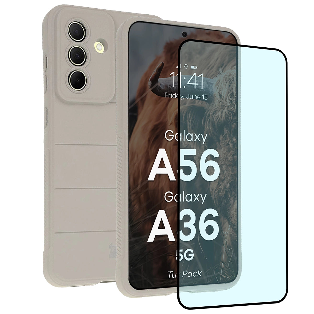 Robuste Handyhülle + gehärtetem Glas für Galaxy A36 5G / A56 5G, Bizon Tur Pack, Hellgrau