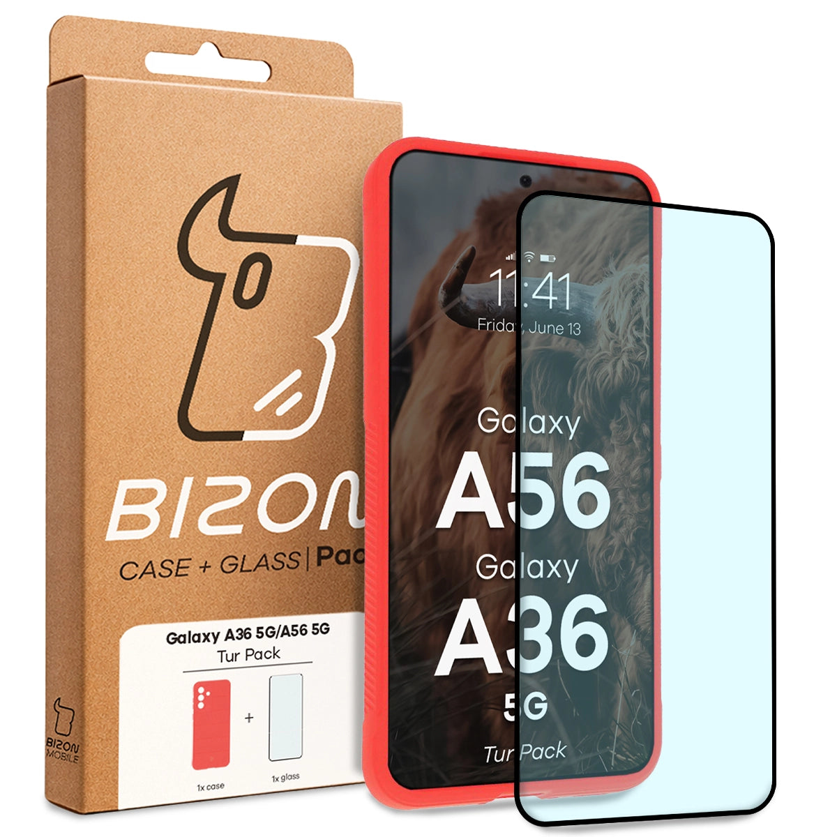 Robuste Handyhülle + gehärtetem Glas für Galaxy A36 5G / Galaxy A56 5G, Bizon Tur Pack, Rot