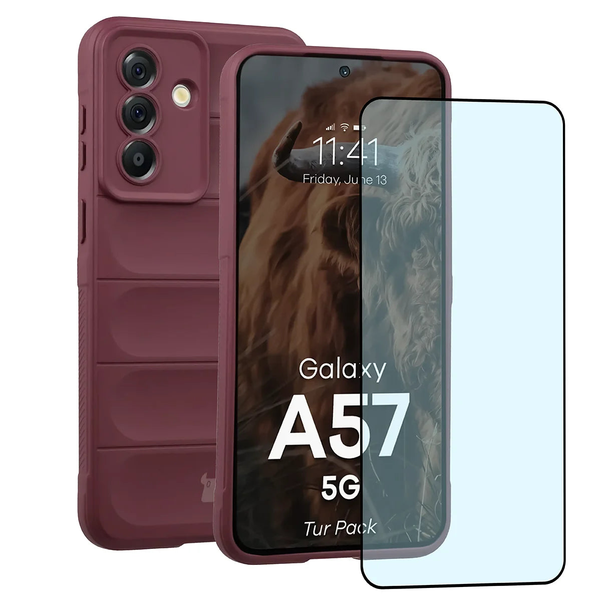 Robuste Handyhülle + gehärtetem Glas für Galaxy A57 5G, Bizon Tur Pack, Burgunderrot (1/10)