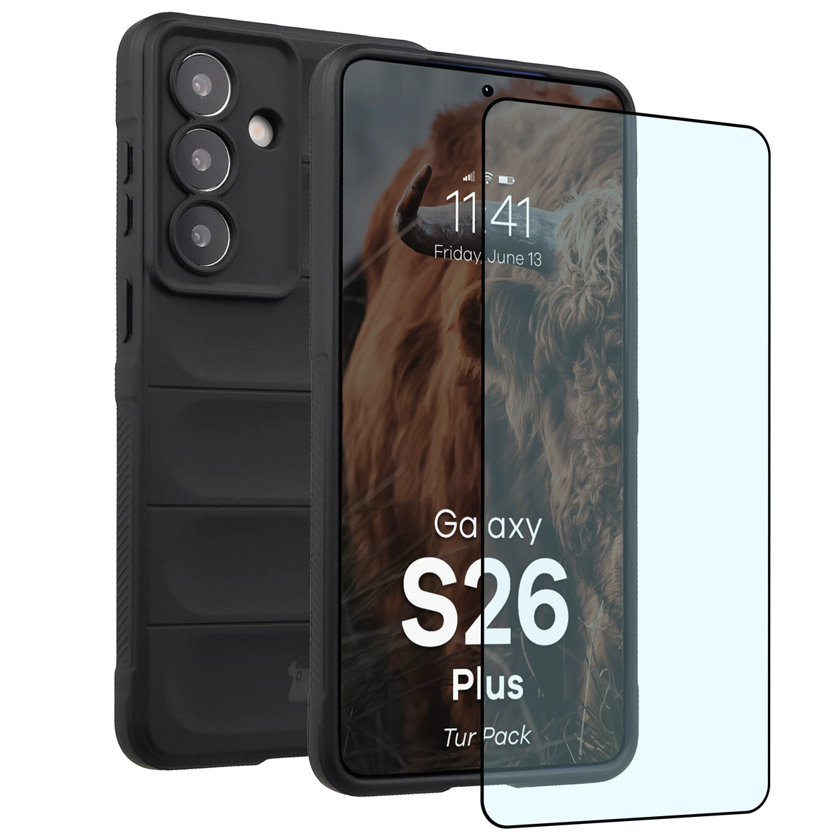 Robuste Handyhülle + gehärtetem Glas für Galaxy S26 Plus, Bizon Tur Pack, Schwarz