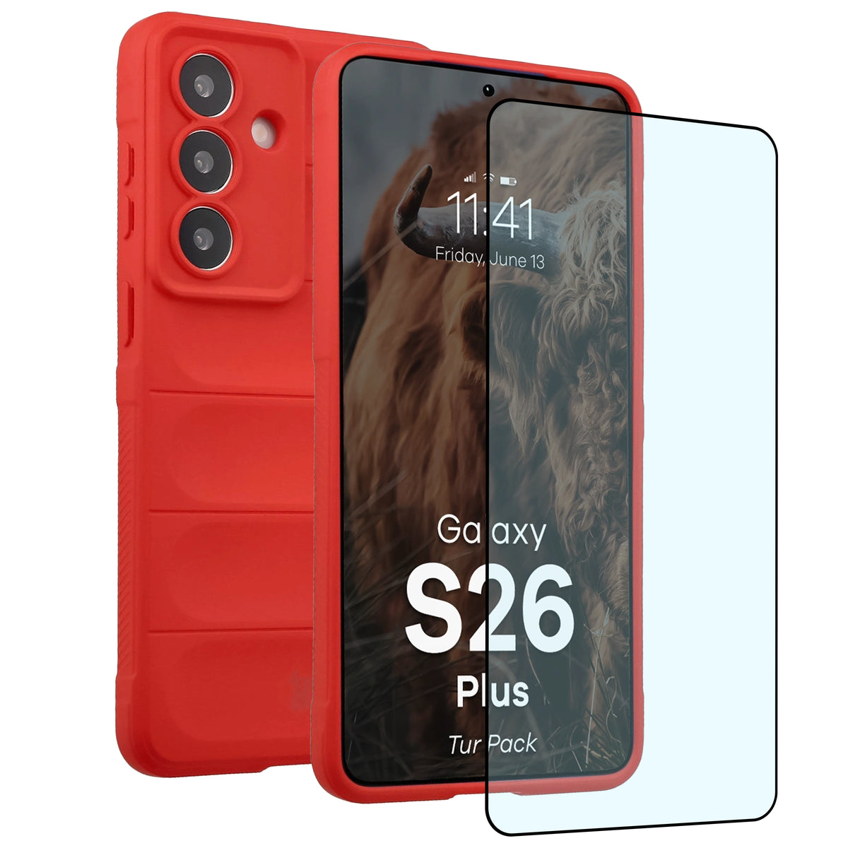 Robuste Handyhülle + gehärtetem Glas für Galaxy S26 Plus, Bizon Tur Pack, Rot