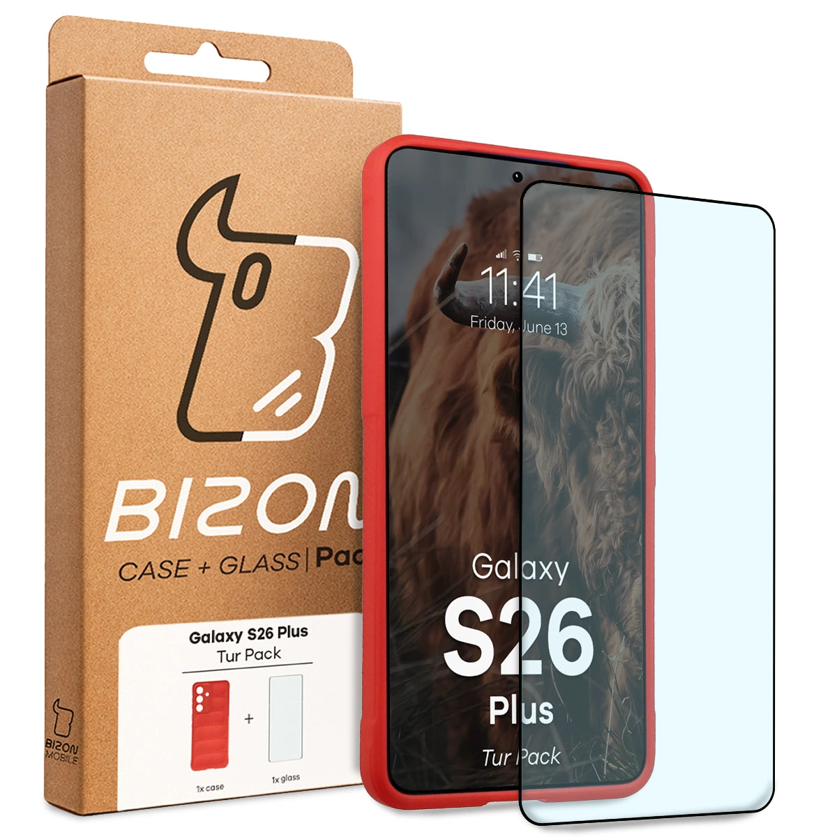 Robuste Handyhülle + gehärtetem Glas für Galaxy S26 Plus, Bizon Tur Pack, Rot