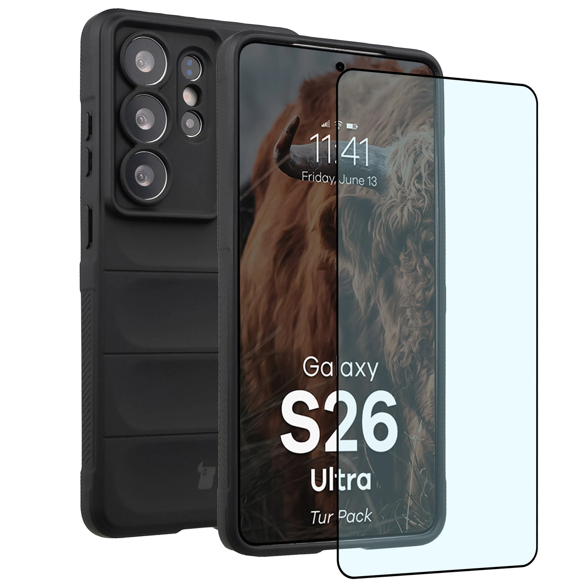 Robuste Handyhülle + gehärtetem Glas für Galaxy S26 Ultra, Bizon Tur Pack, Schwarz