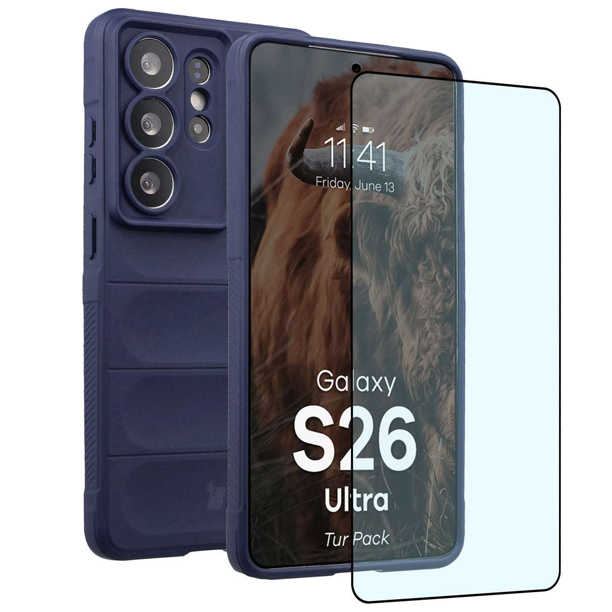 Robuste Handyhülle + gehärtetem Glas für Galaxy S26 Ultra, Bizon Tur Pack, Dunkelblau