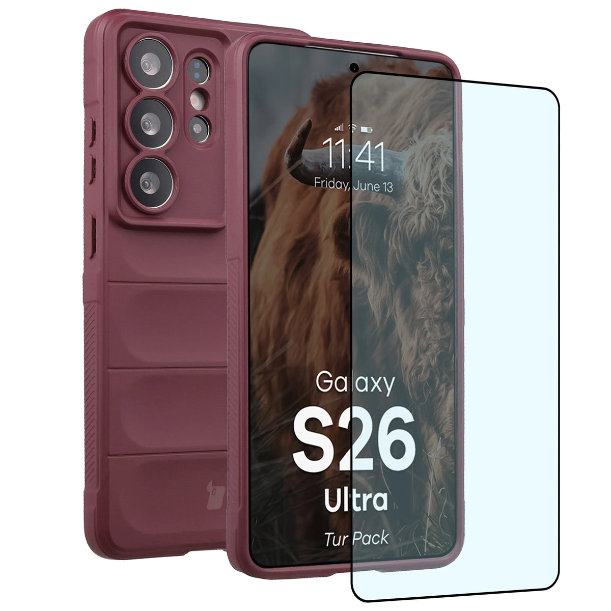 Robuste Handyhülle + gehärtetem Glas für Galaxy S26 Ultra, Bizon Tur Pack, Burgunderrot