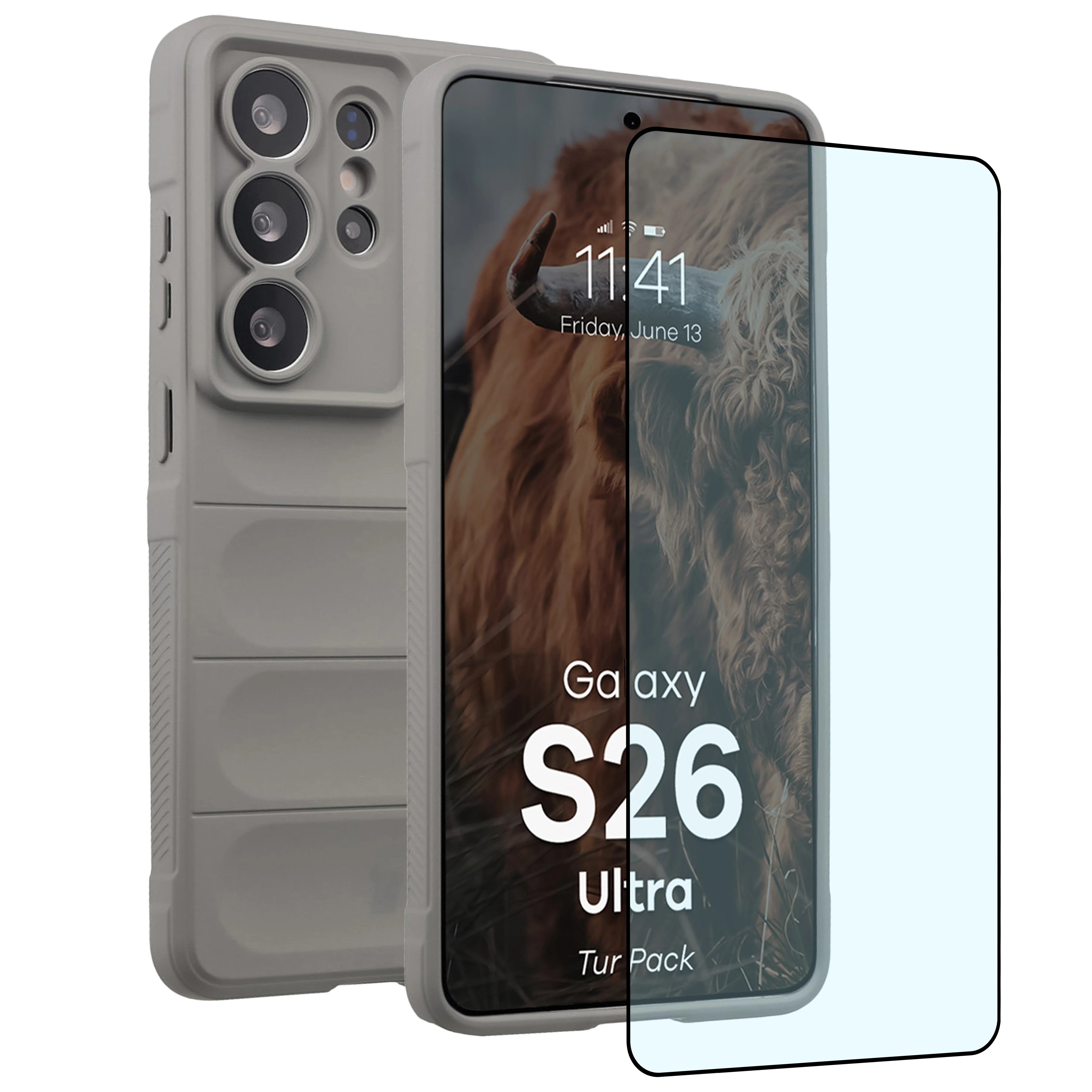 Robuste Handyhülle + gehärtetem Glas für Galaxy S26 Ultra, Bizon Tur Pack, Hellgrau