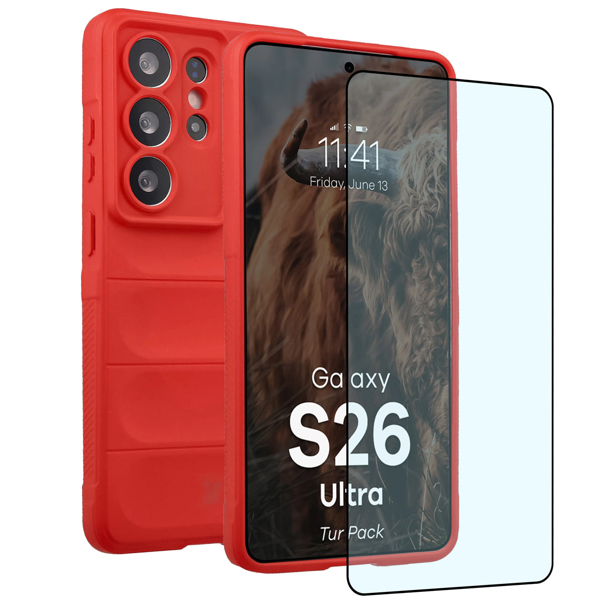 Robuste Handyhülle + gehärtetem Glas für Galaxy S26 Ultra, Bizon Tur Pack, Rot