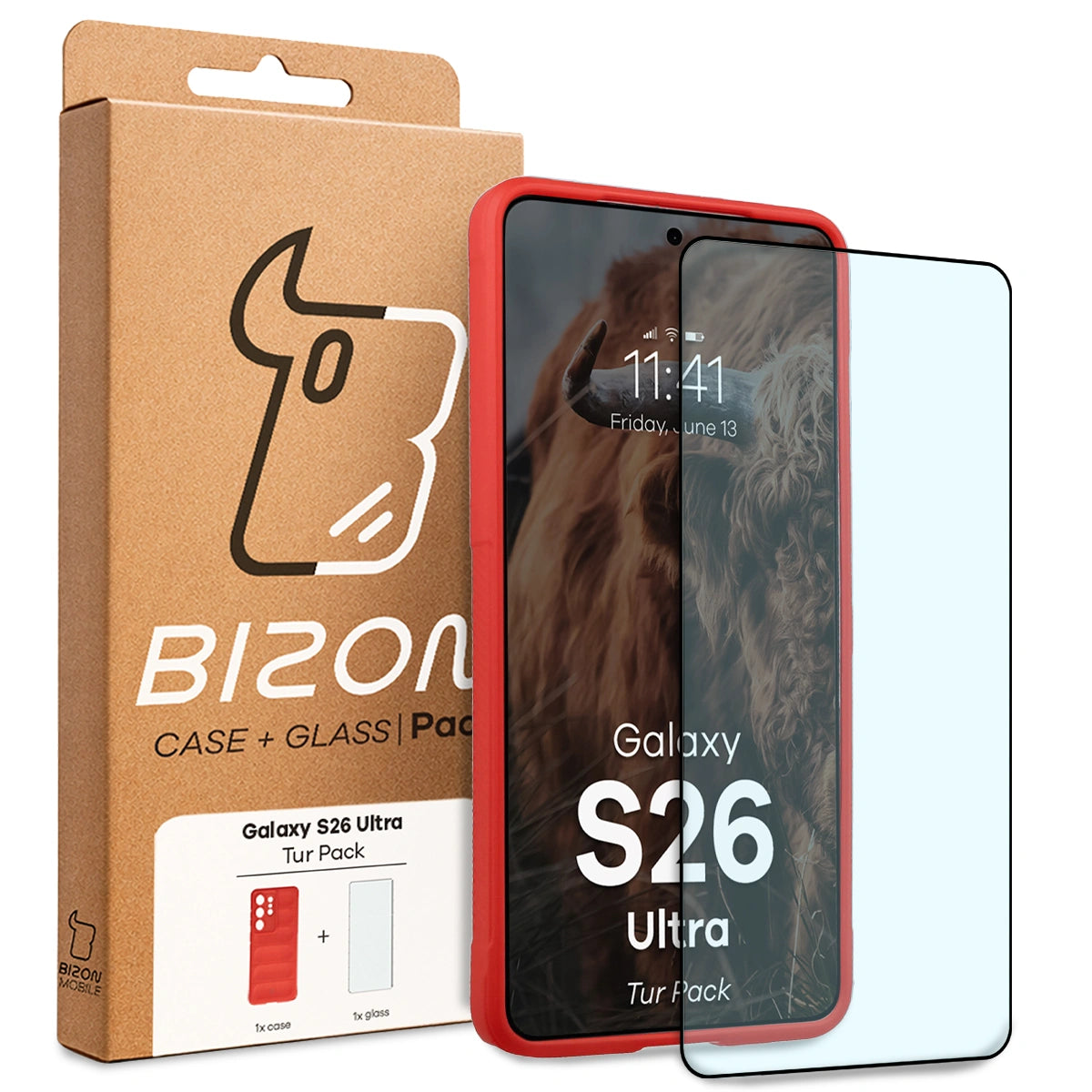 Robuste Handyhülle + gehärtetem Glas für Galaxy S26 Ultra, Bizon Tur Pack, Rot