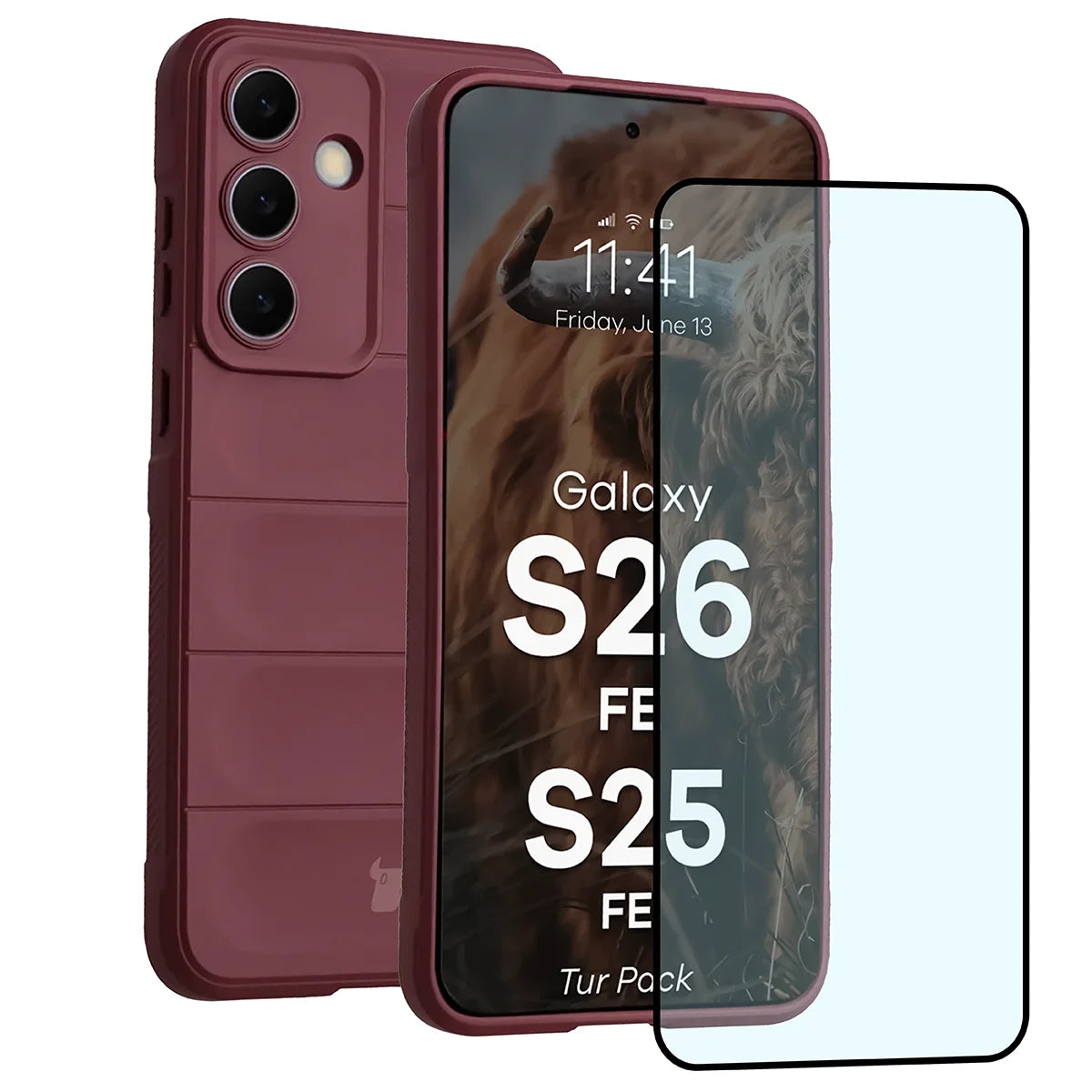 Robuste Handyhülle + gehärtetem Glas für Galaxy S26 FE / S25 FE, Bizon Tur Pack, Burgunderrot (1/10)