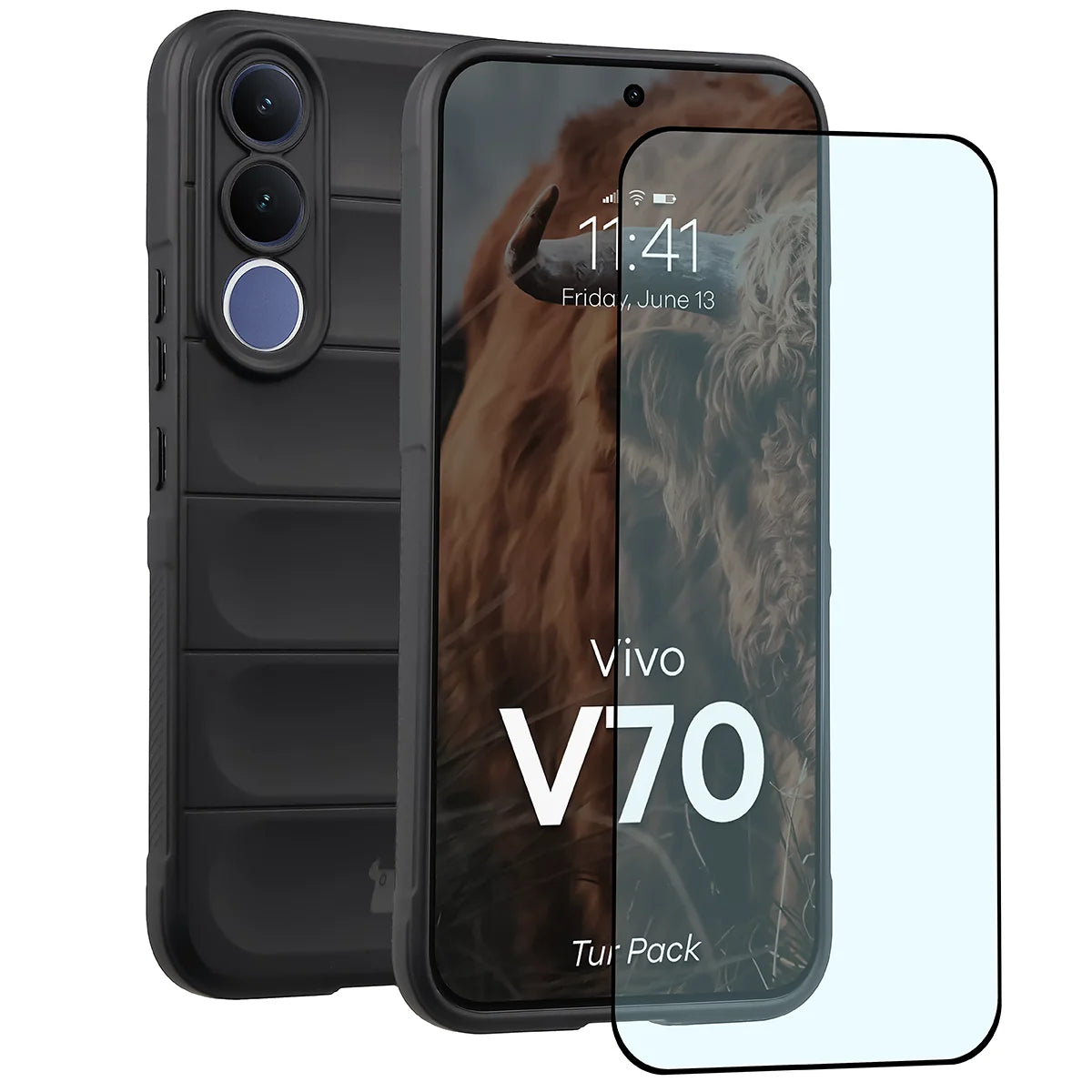 Robuste Handyhülle + gehärtetem Glas für Vivo V70 5G, Bizon Tur Pack, Schwarz