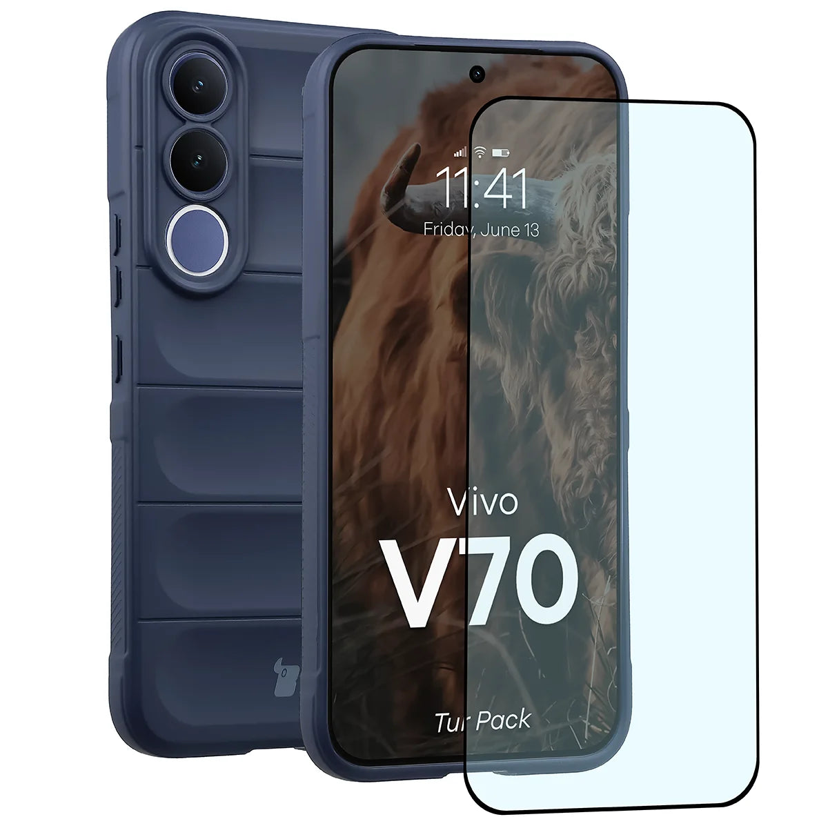 Robuste Handyhülle + gehärtetem Glas für Vivo V70 5G, Bizon Tur Pack, Dunkelblau