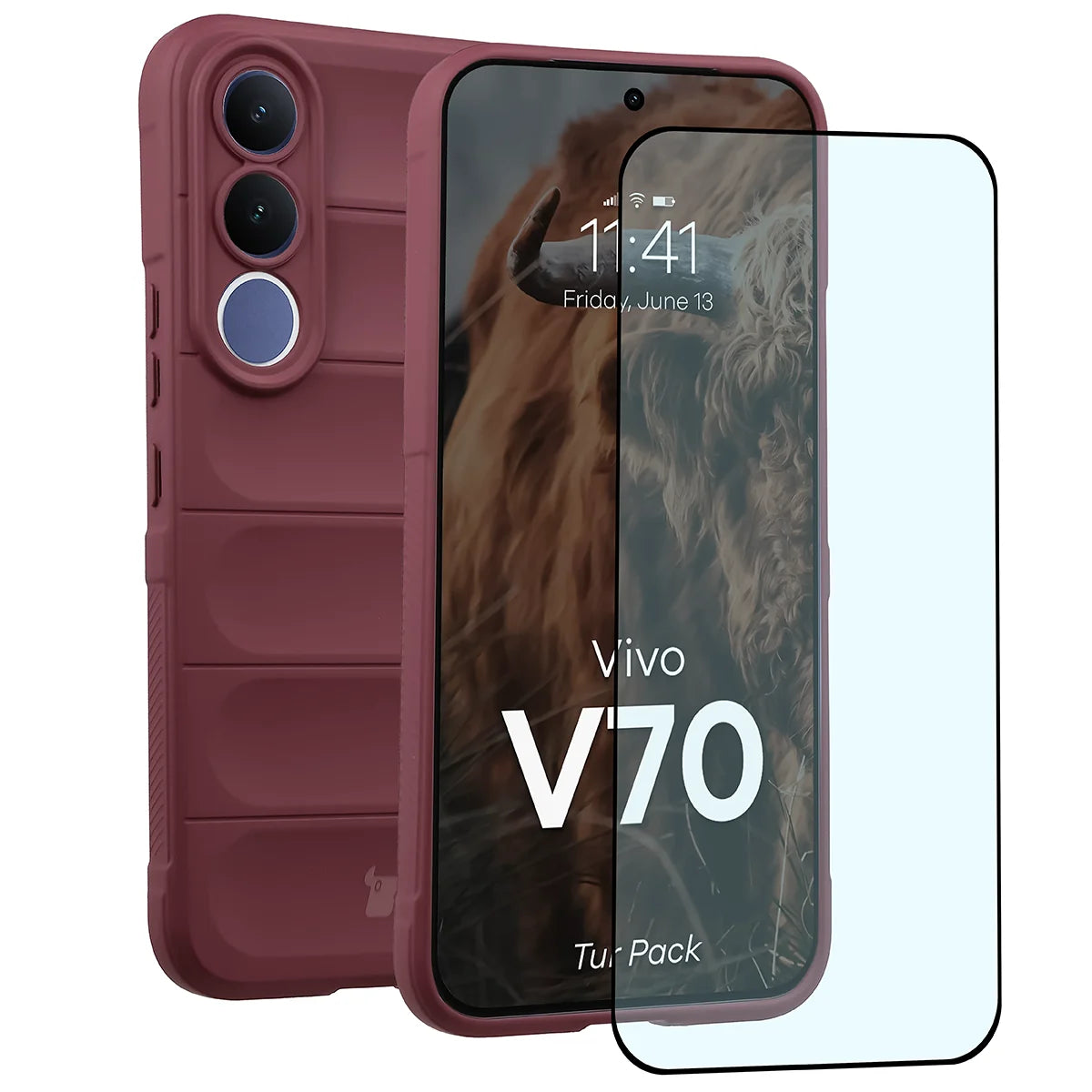 Robuste Handyhülle + gehärtetem Glas für Vivo V70 5G, Bizon Tur Pack, Burgunderrot