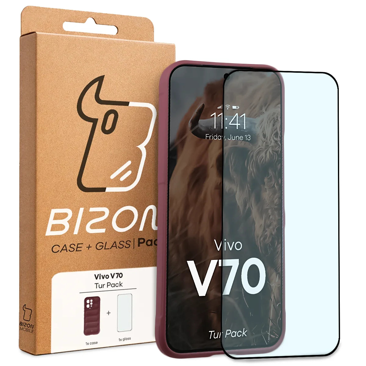 Robuste Handyhülle + gehärtetem Glas für Vivo V70 5G, Bizon Tur Pack, Burgunderrot