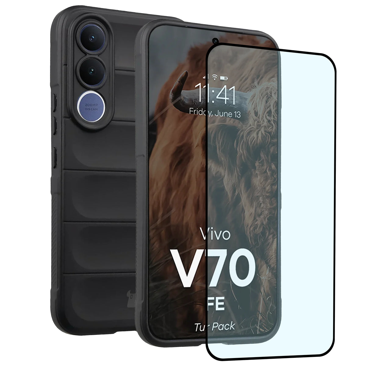 Robuste Handyhülle + gehärtetem Glas für Vivo V70 FE 5G, Bizon Tur Pack, Schwarz