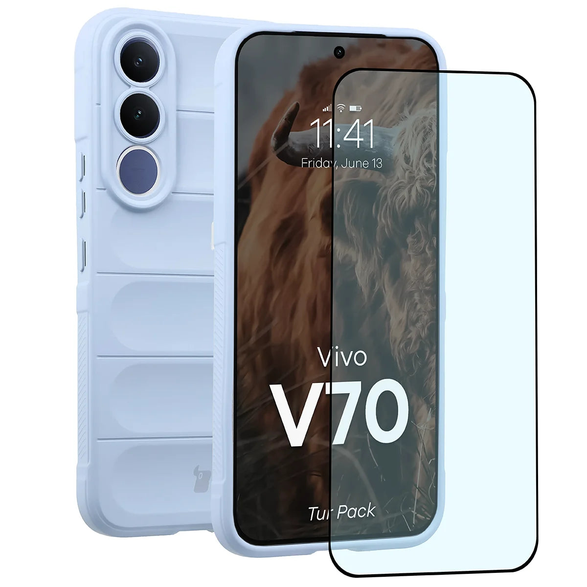 Robuste Handyhülle + gehärtetem Glas für Vivo V70 5G, Bizon Tur Pack, Hellblau