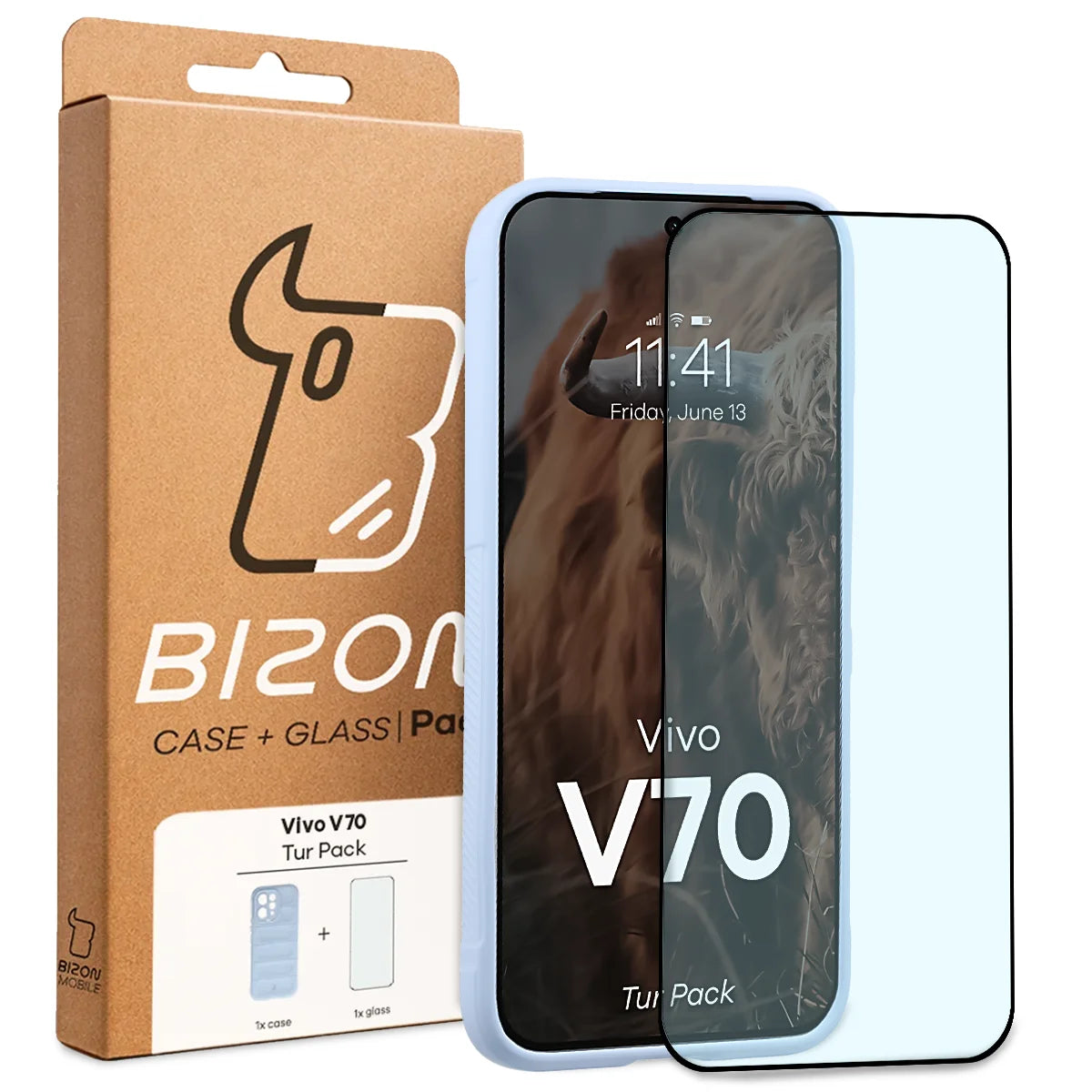 Robuste Handyhülle + gehärtetem Glas für Vivo V70 5G, Bizon Tur Pack, Hellblau