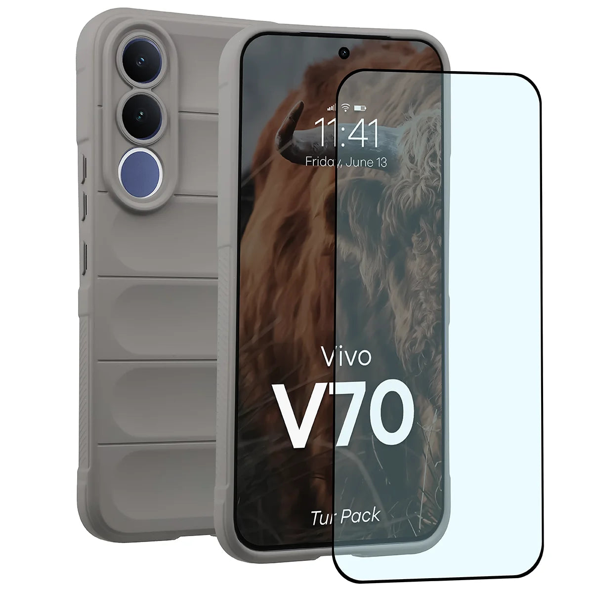 Robuste Handyhülle + gehärtetem Glas für Vivo V70 5G, Bizon Tur Pack, Hellgrau