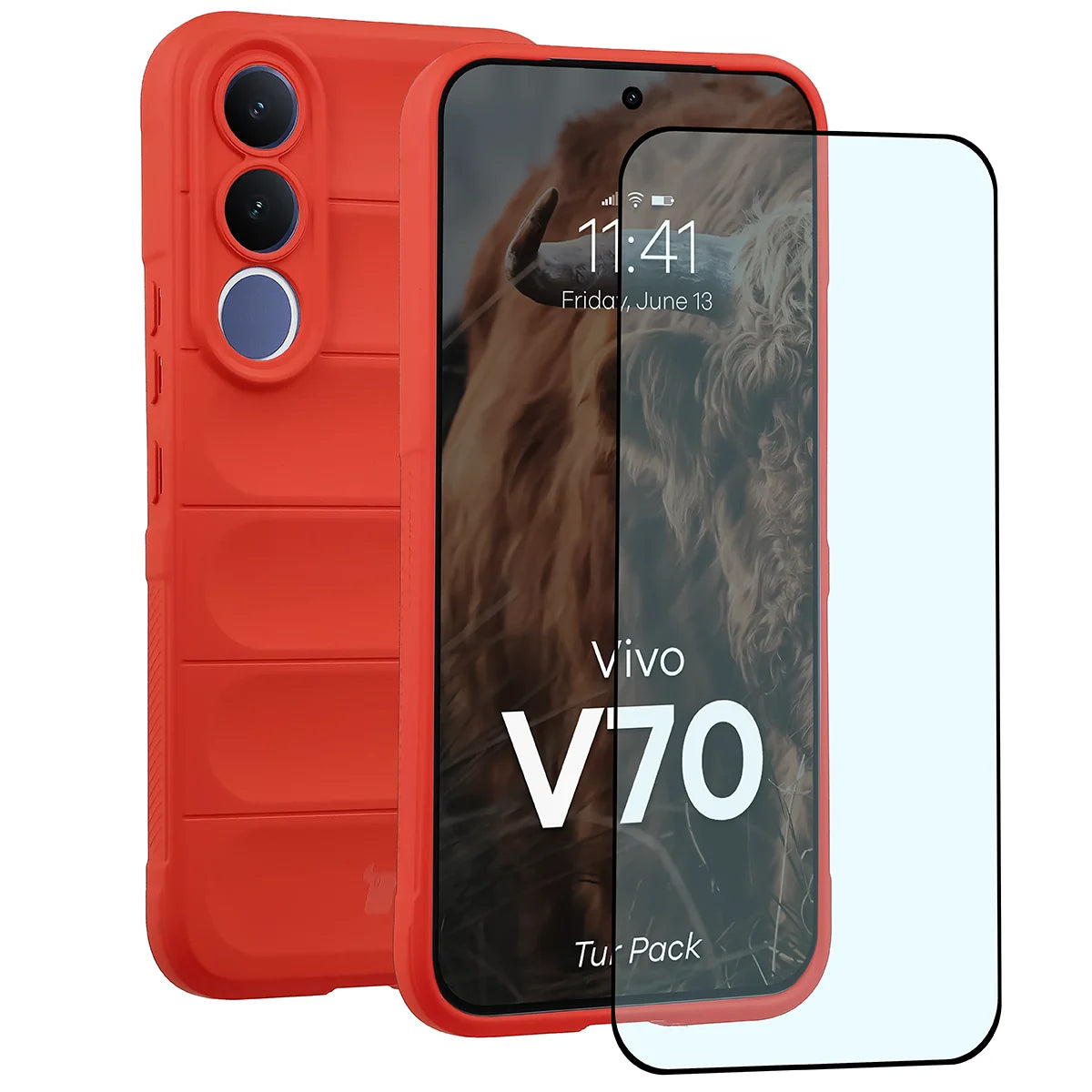 Robuste Handyhülle + gehärtetem Glas für Vivo V70 5G, Bizon Tur Pack, Rot