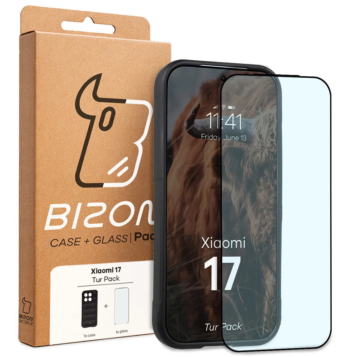 Robuste Handyhülle + gehärtetem Glas für Xiaomi 17, Bizon Tur Pack, Schwarz