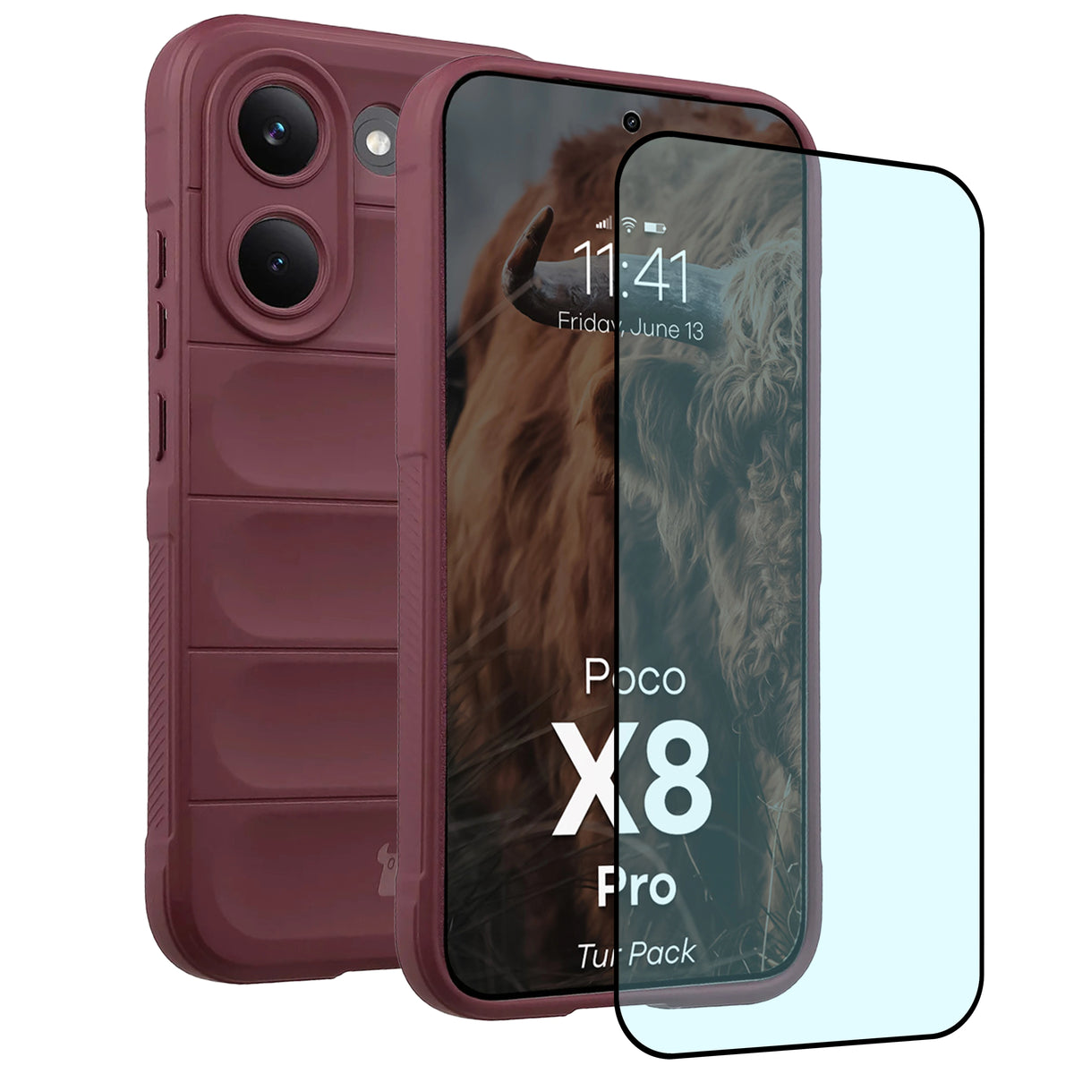 Robuste Handyhülle + gehärtetem Glas für Xiaomi POCO X8 Pro, Bizon Tur Pack, Burgunderrot