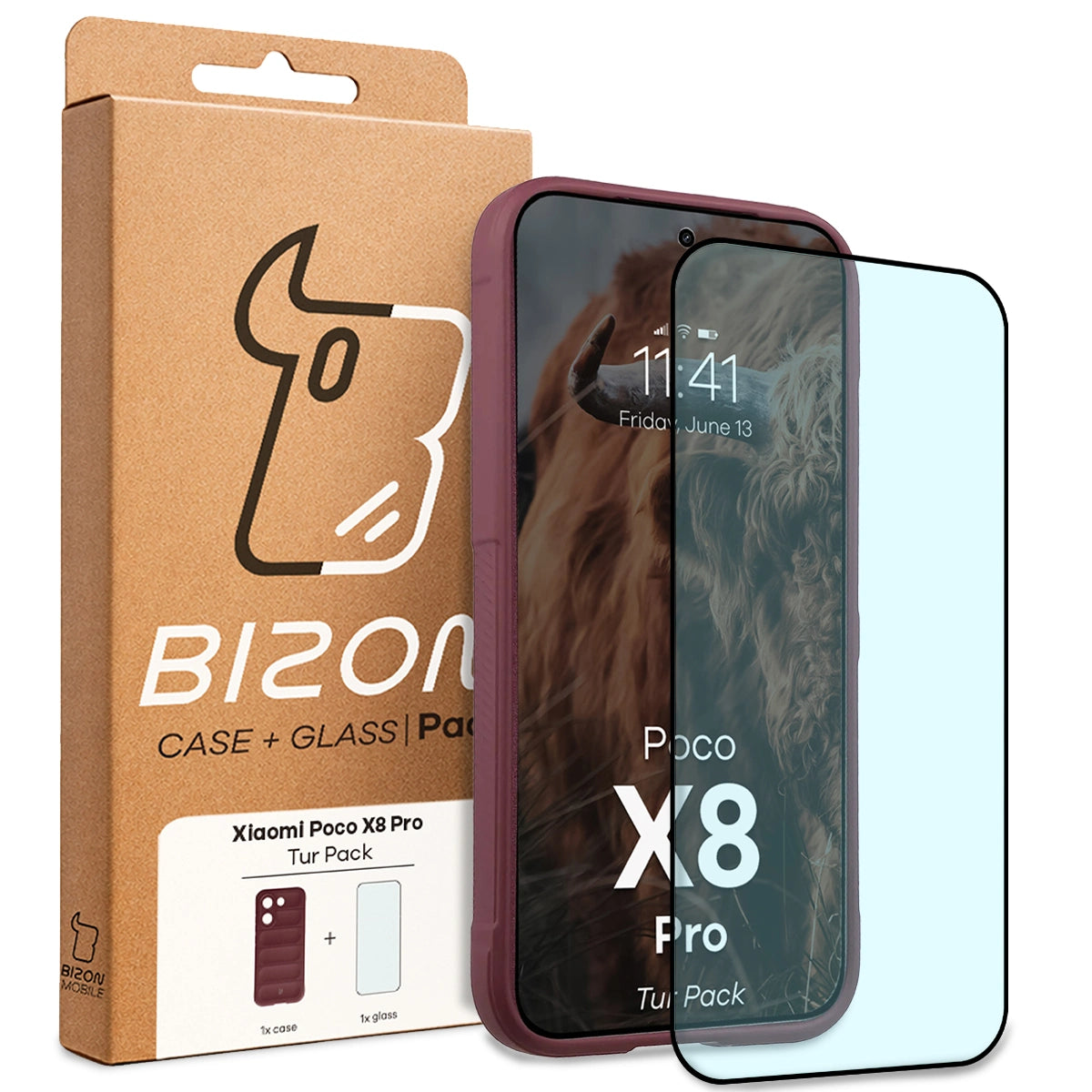 Robuste Handyhülle + gehärtetem Glas für Xiaomi POCO X8 Pro, Bizon Tur Pack, Burgunderrot