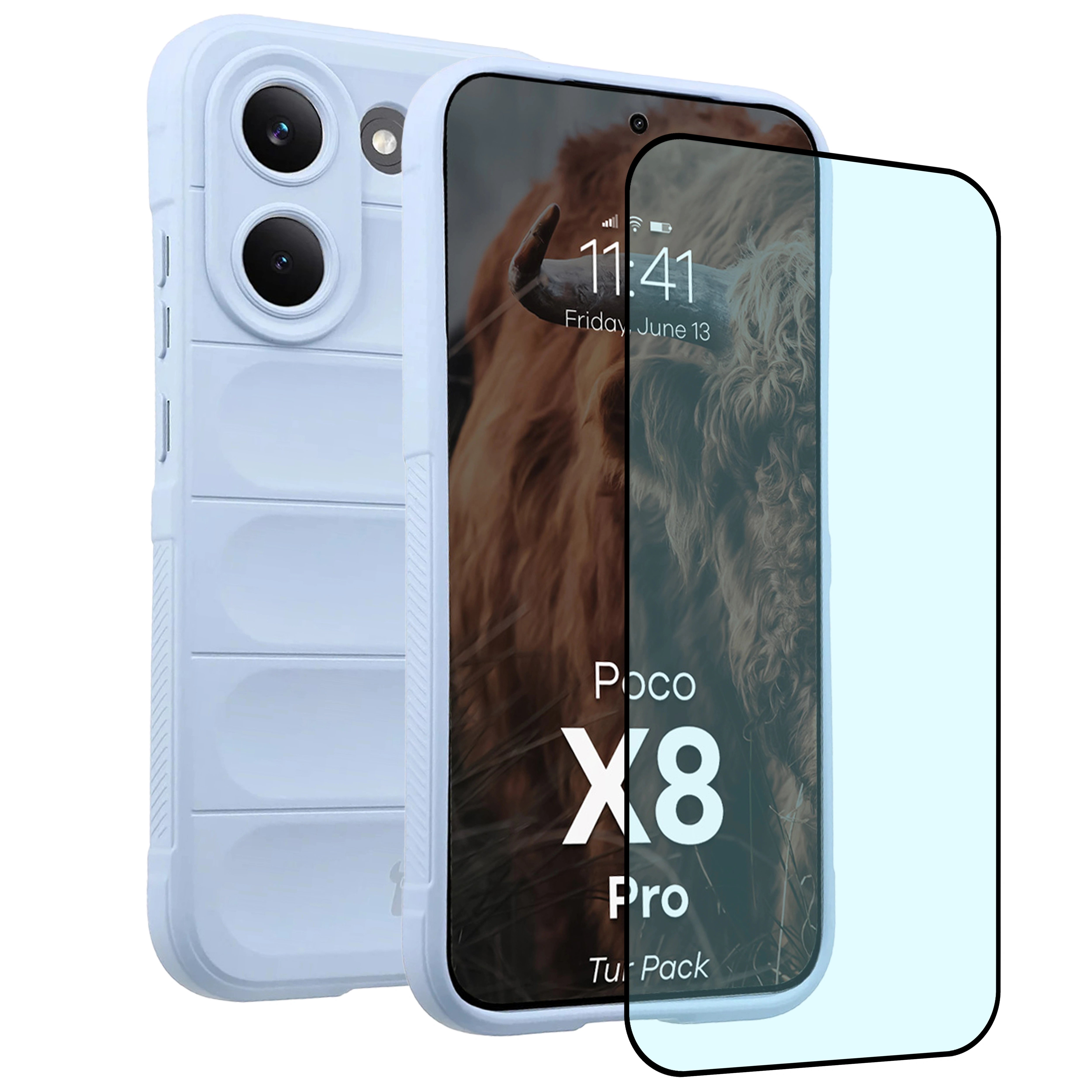 Robuste Handyhülle + gehärtetem Glas für Xiaomi POCO X8 Pro, Bizon Tur Pack, Hellblau