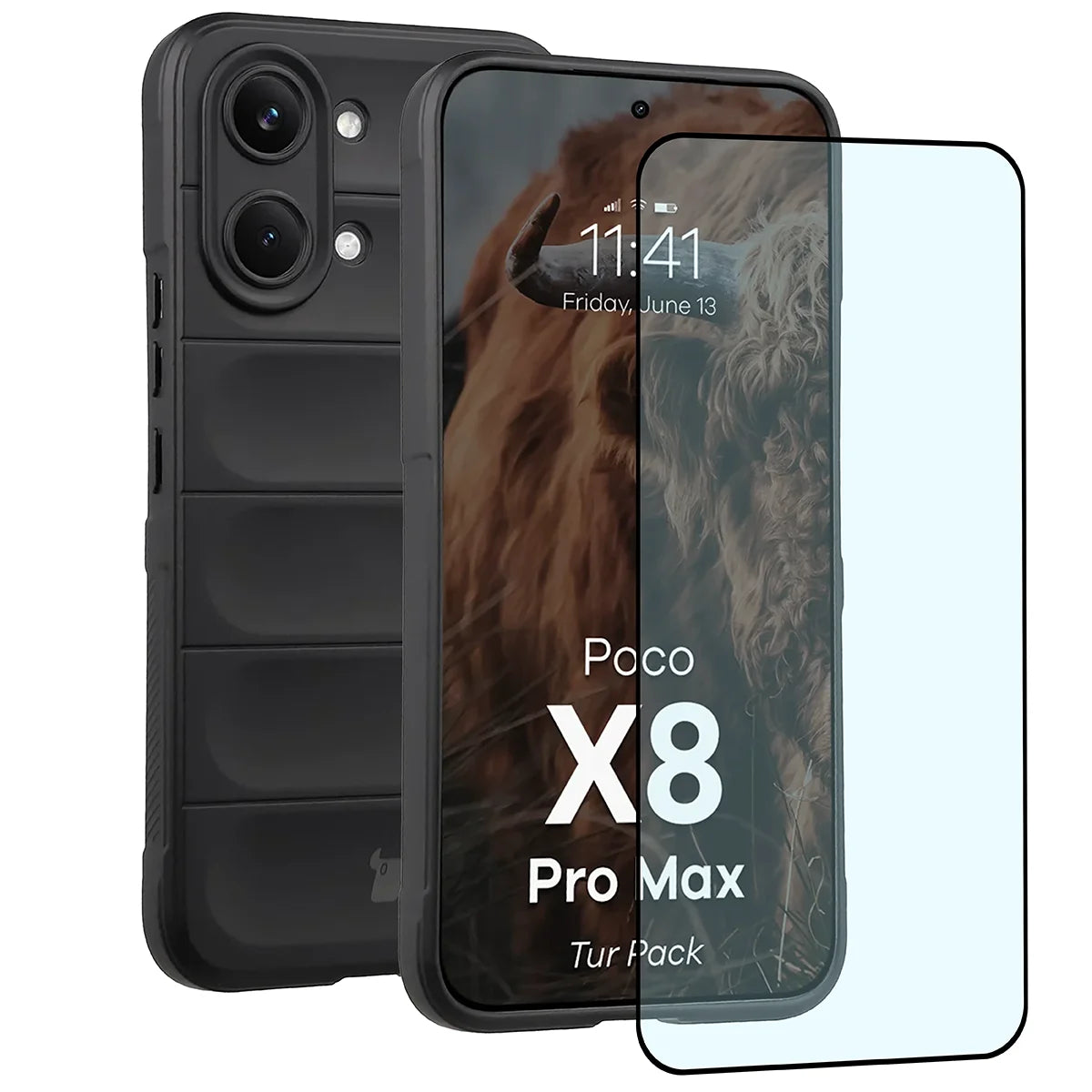 Robuste Handyhülle + gehärtetem Glas für Xiaomi POCO X8 Pro Max, Bizon Tur Pack, Schwarz