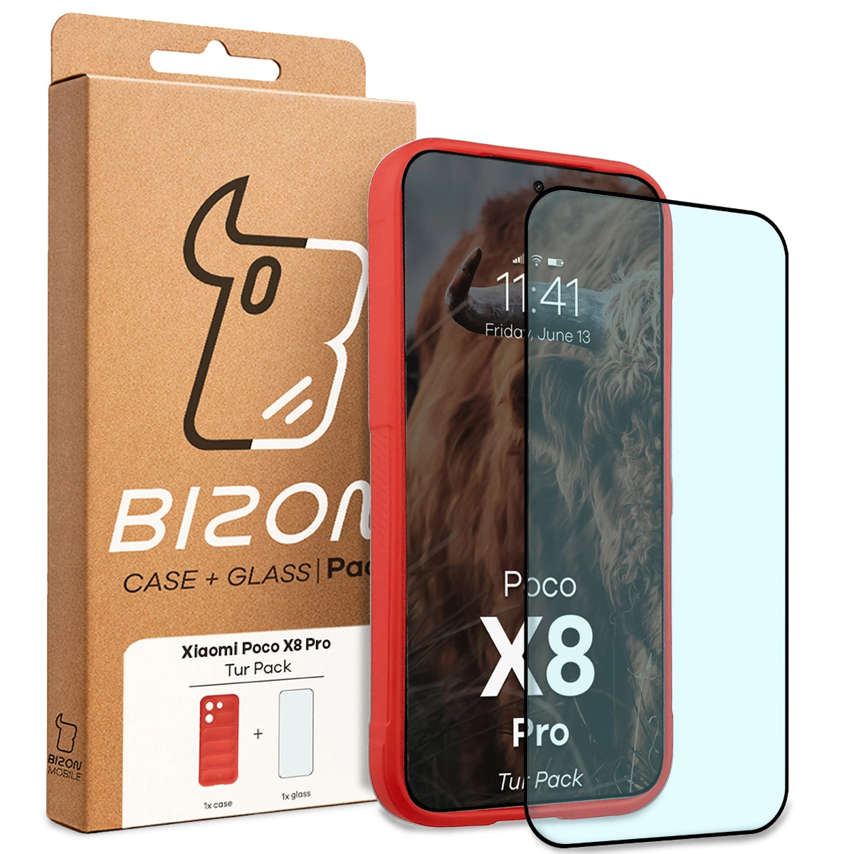 Robuste Handyhülle + gehärtetem Glas für Xiaomi POCO X8 Pro, Bizon Tur Pack, Rot
