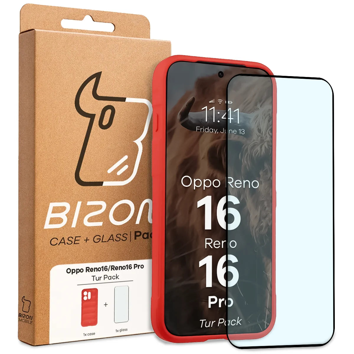 Robuste Handyhülle + gehärtetem Glas für Oppo Reno16 / Reno16 Pro 5G, Bizon Tur Pack, Rot (10/10)
