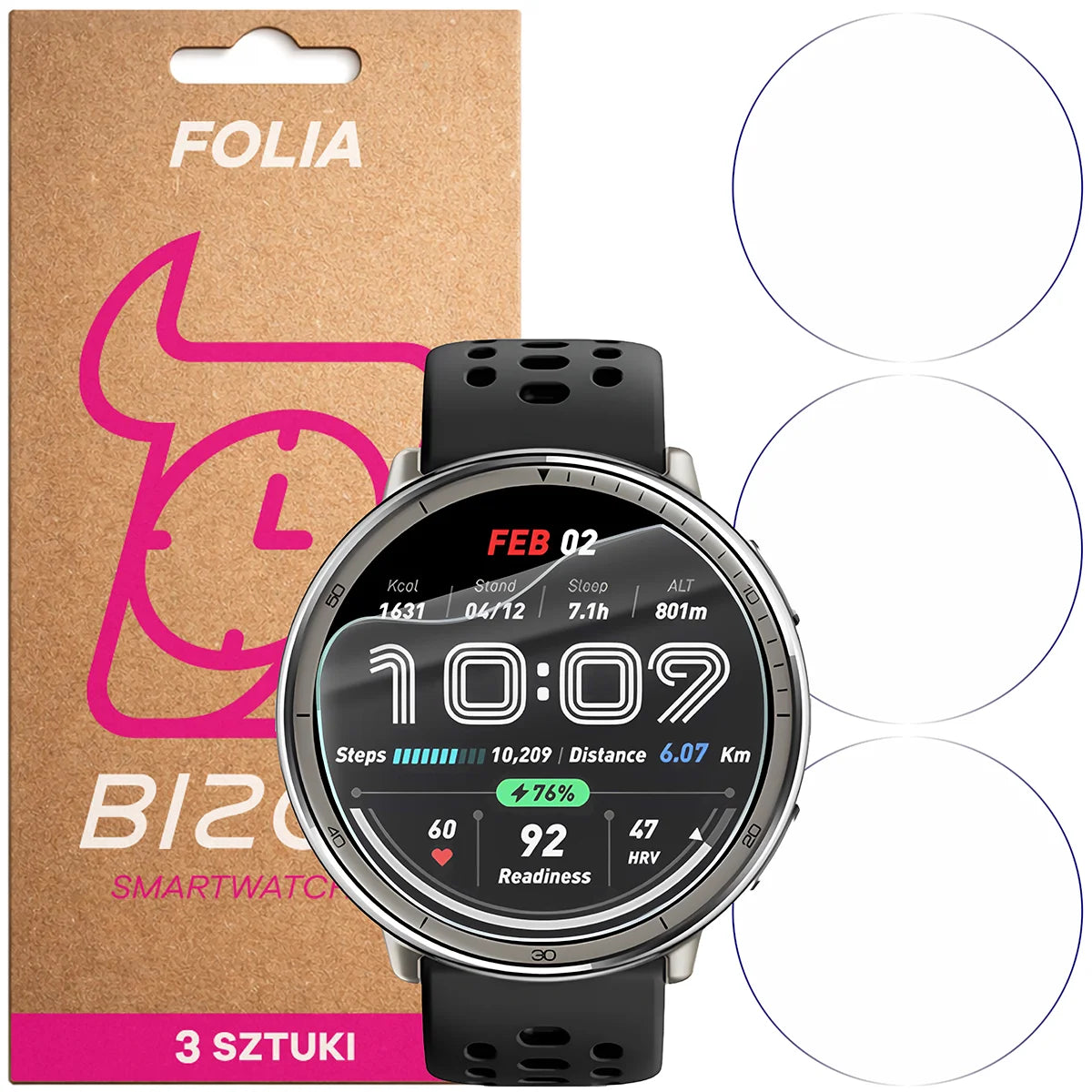 Schutzfolie für den Bildschirm für Amazfit Active 2, Bizon Watch HydroFlex, 3 Stück