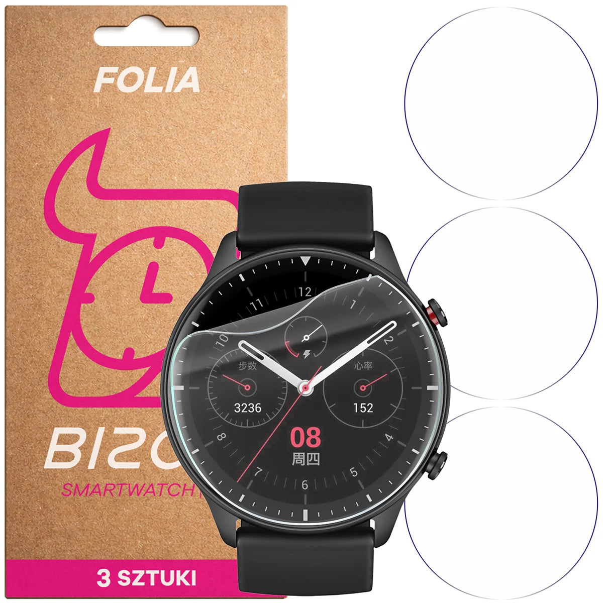 Schutzfolie für den Bildschirm für Amazfit GTR 2, Bizon Watch HydroFlex, 3 Stück (1/5)
