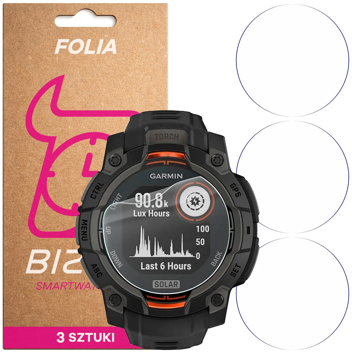 Schutzfolie für den Bildschirm für Garmin Instinct 3 45 mm Solar, Bizon Watch HydroFlex, 3 Stück