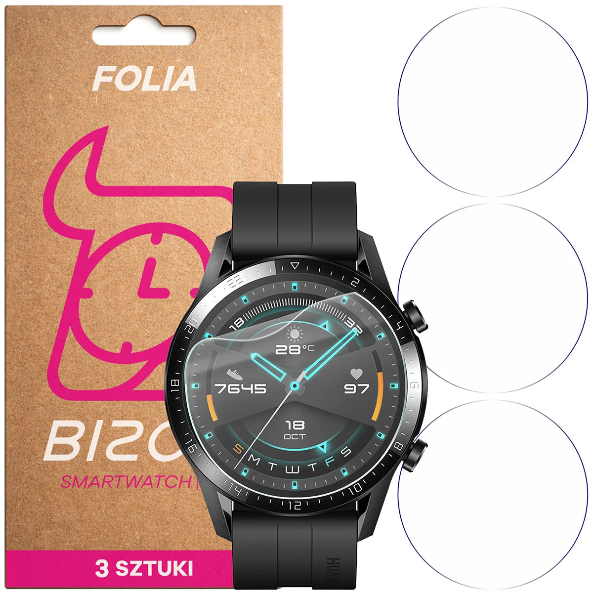 Schutzfolie für den Bildschirm für Huawei Watch GT 2 46 mm, Bizon Watch HydroFlex, 3 Stück